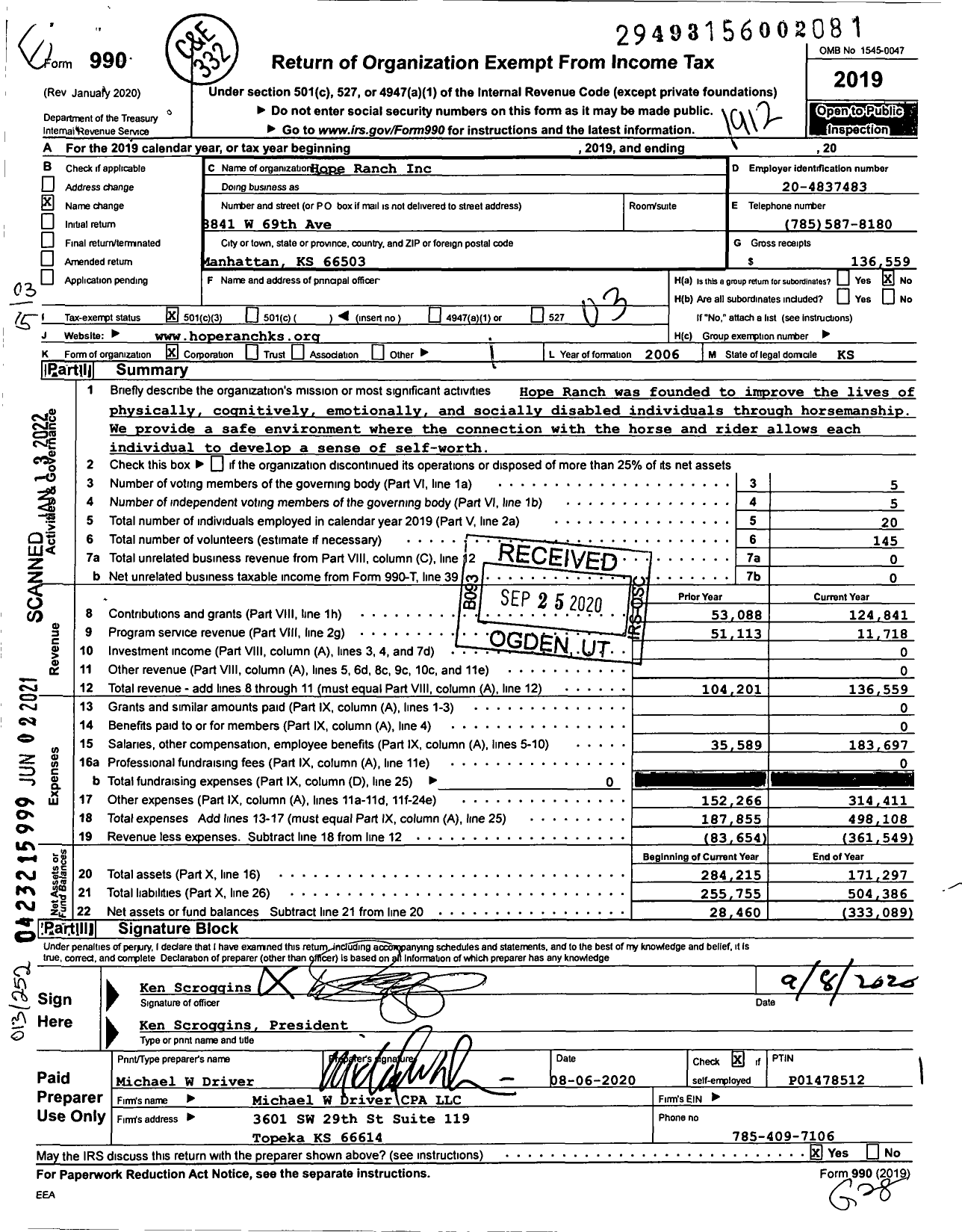 Image of first page of 2019 Form 990 for Hope Ranch