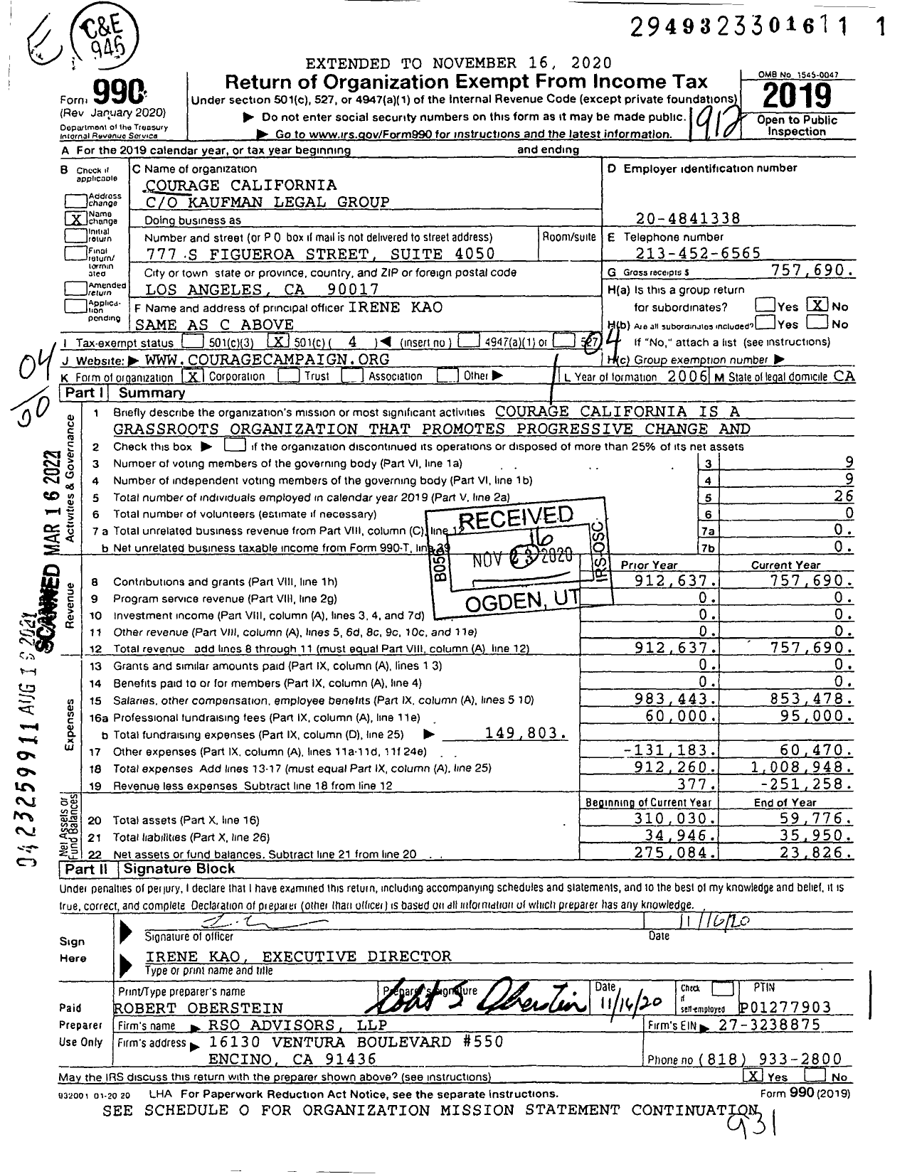 Image of first page of 2019 Form 990O for Courage California
