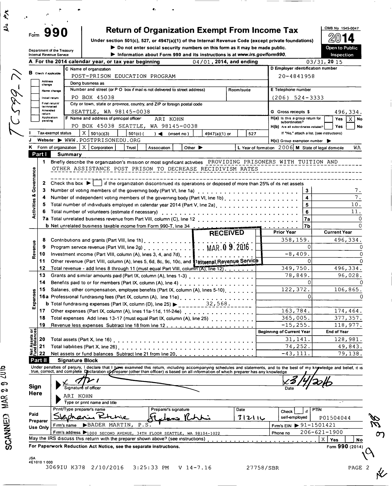 Image of first page of 2014 Form 990 for Post-Prison Education Program