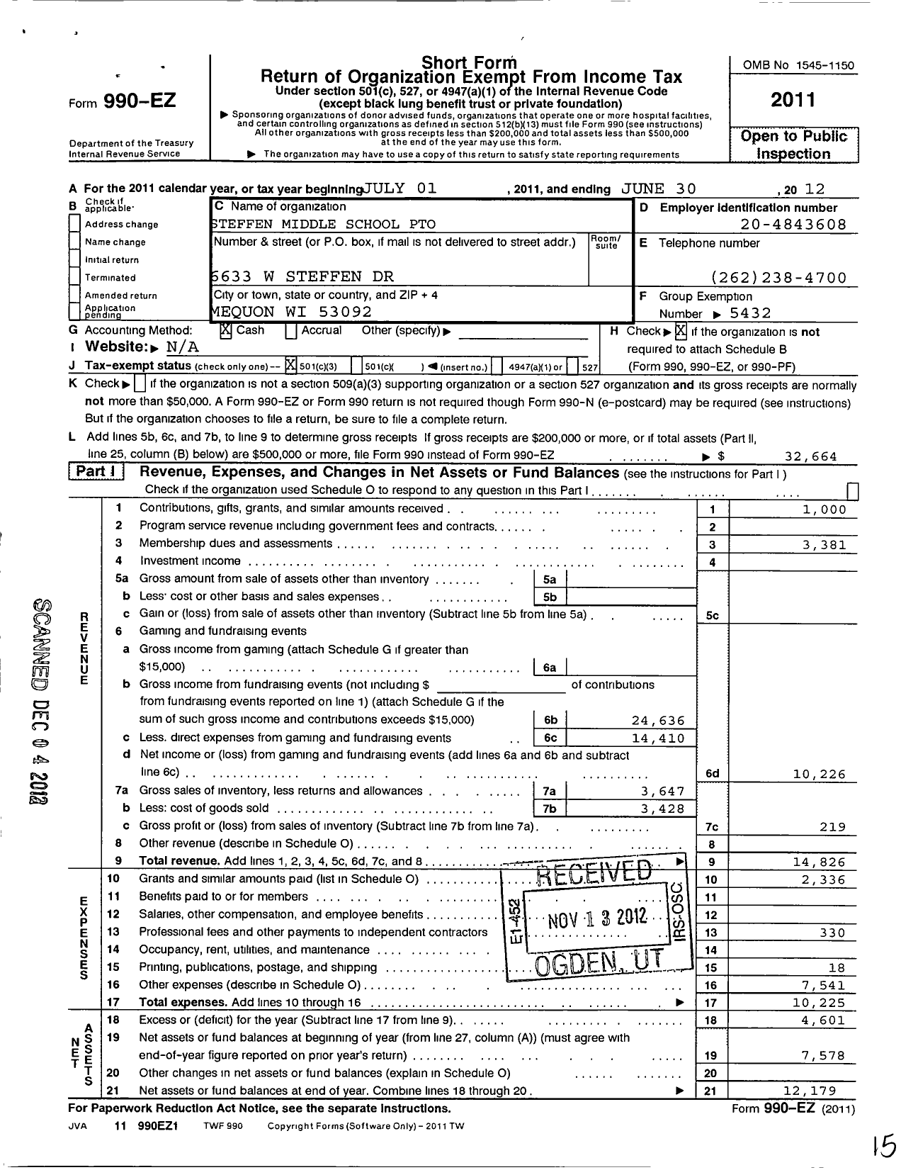 Image of first page of 2011 Form 990EZ for Steffen Middle School Pto