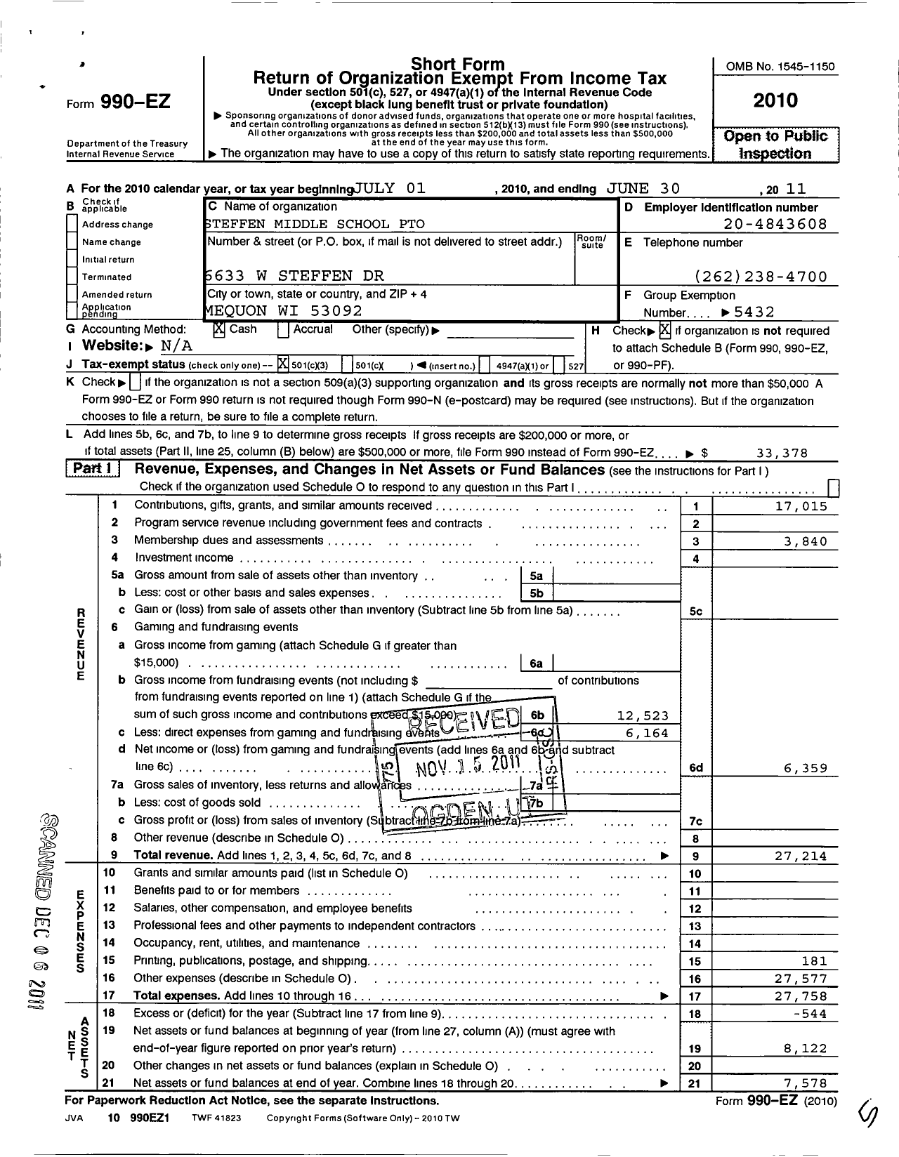 Image of first page of 2010 Form 990EZ for Steffen Middle School Pto