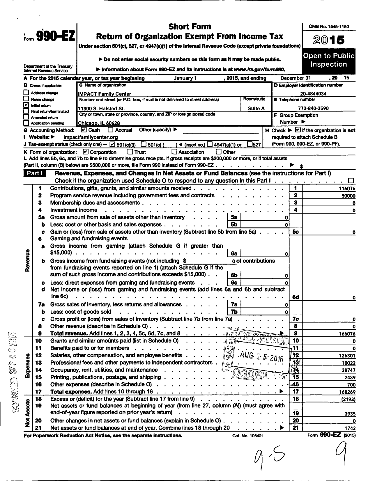 Image of first page of 2015 Form 990EZ for Impact Family Center