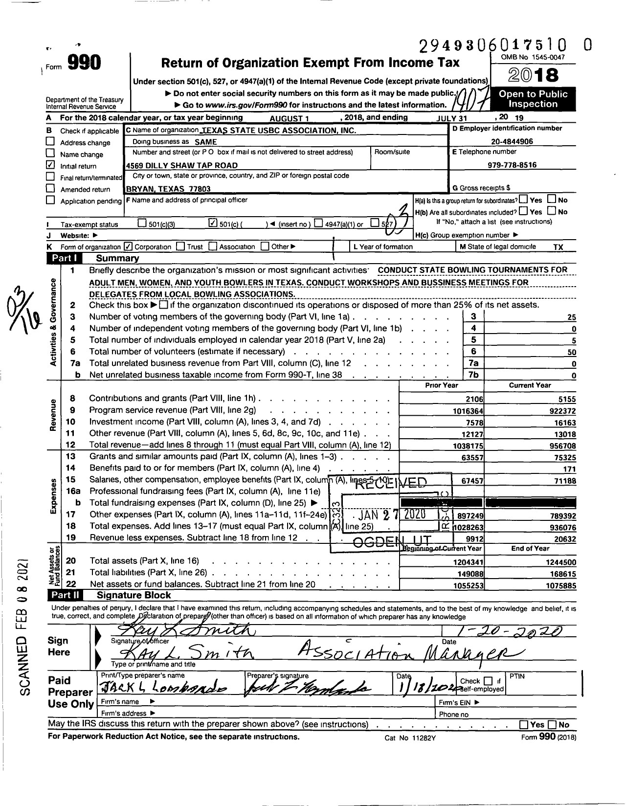 Image of first page of 2018 Form 990 for United States Bowling Congress - Texas State Usbc Association