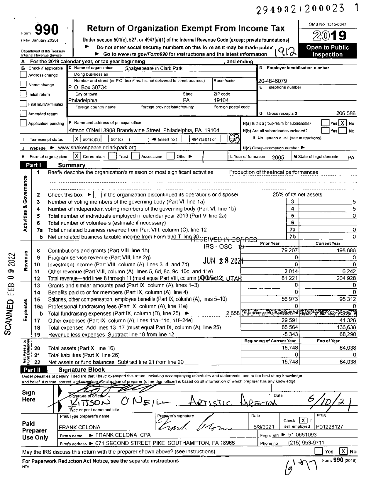 Image of first page of 2019 Form 990 for Shakespeare in Clark Park