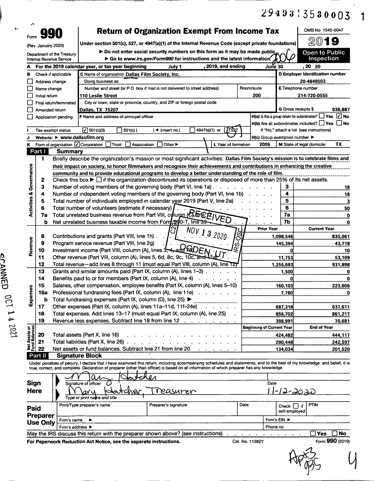Image of first page of 2019 Form 990O for Dallas Film Society (DFS)