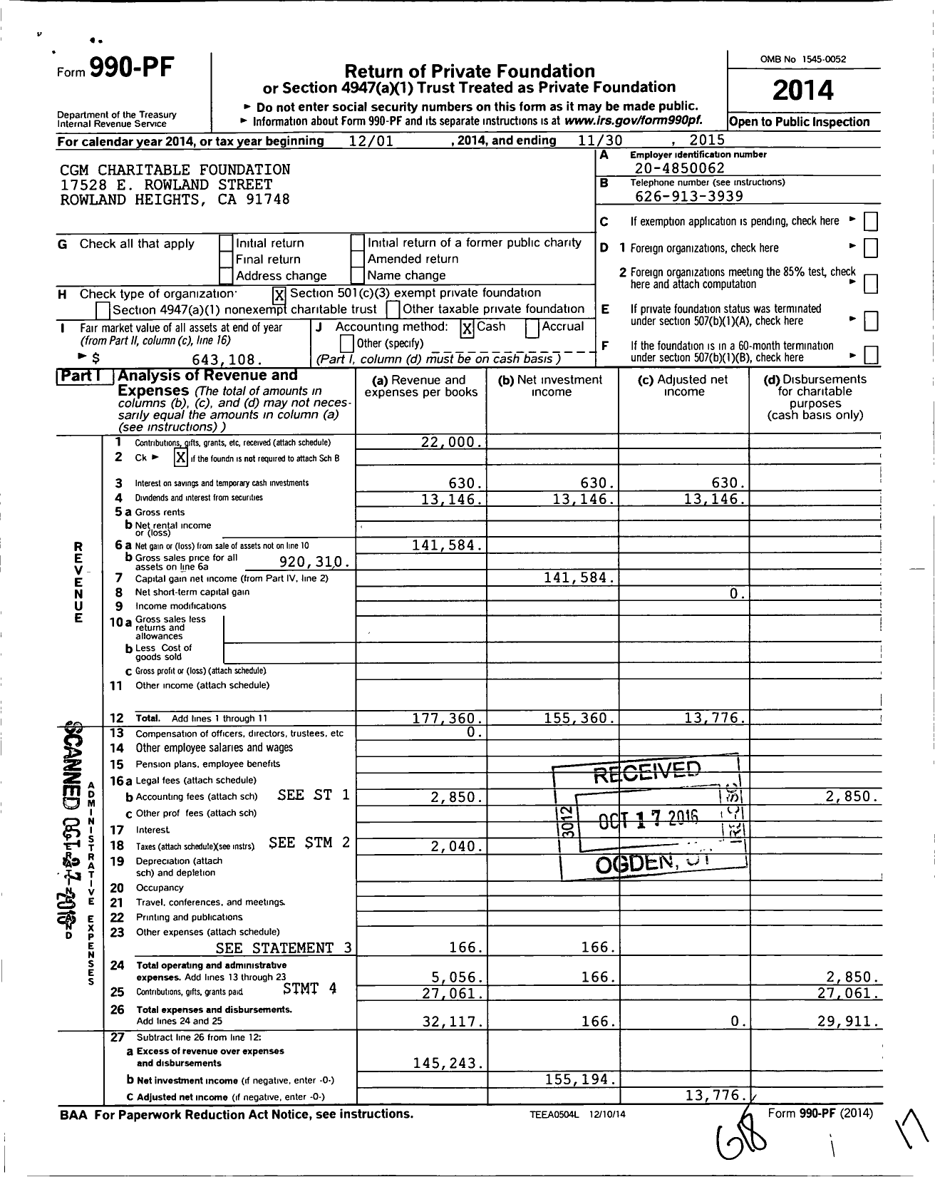 Image of first page of 2014 Form 990PF for CGM Charitable Foundation