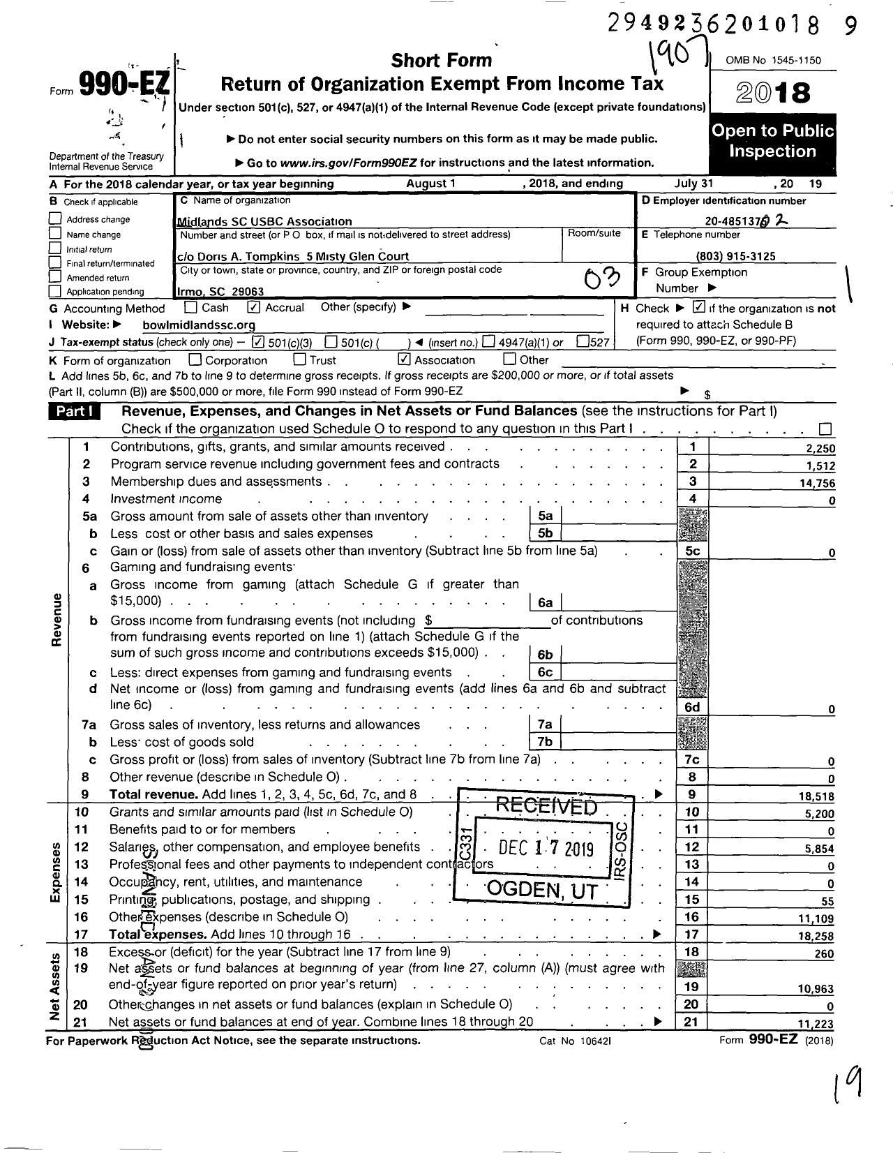 Image of first page of 2018 Form 990EZ for United States Bowling Congress - 80551 Midlands SC Usbc