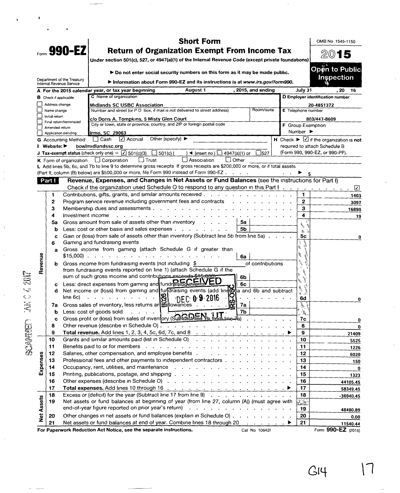 Image of first page of 2015 Form 990EZ for United States Bowling Congress - 80551 Midlands SC Usbc