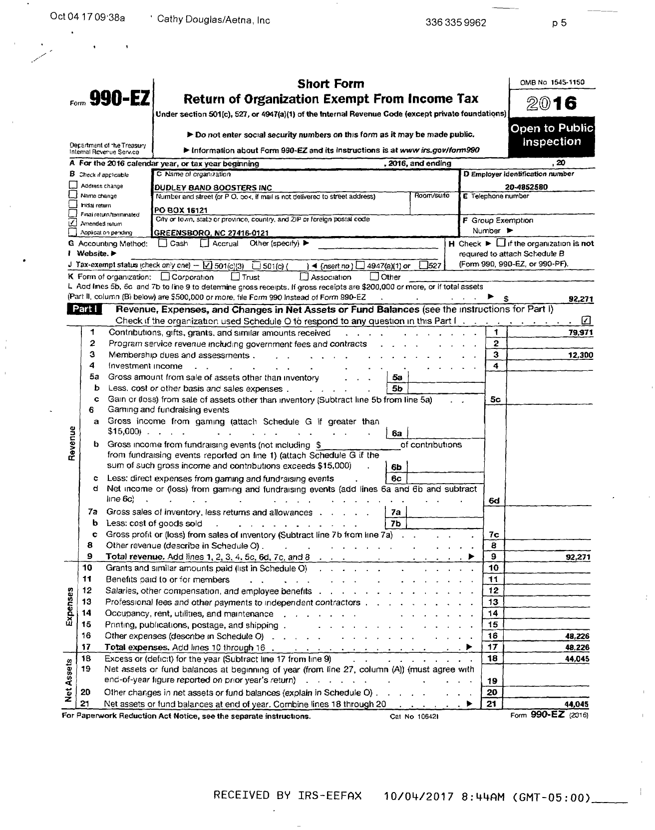 Image of first page of 2016 Form 990ER for Dudley Band Boosters