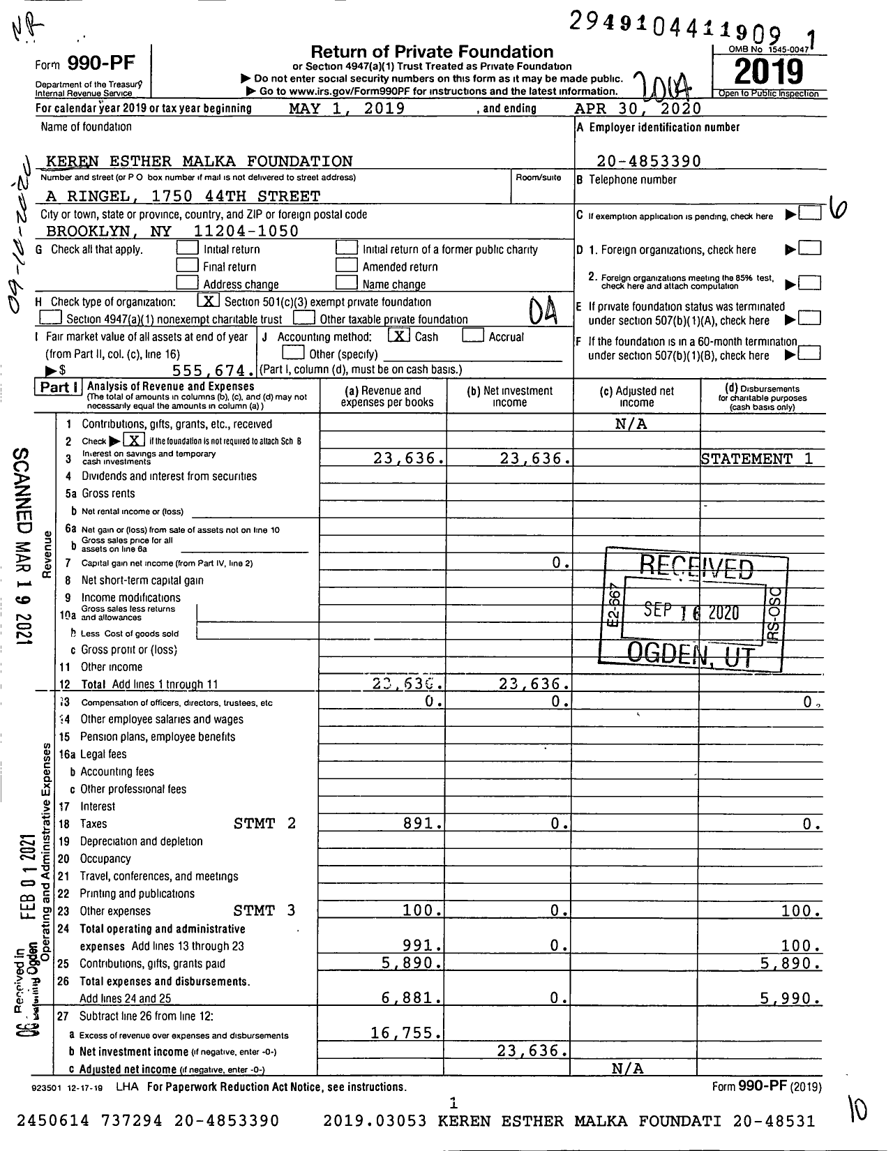 Image of first page of 2019 Form 990PF for Keren Esther Malka Foundation