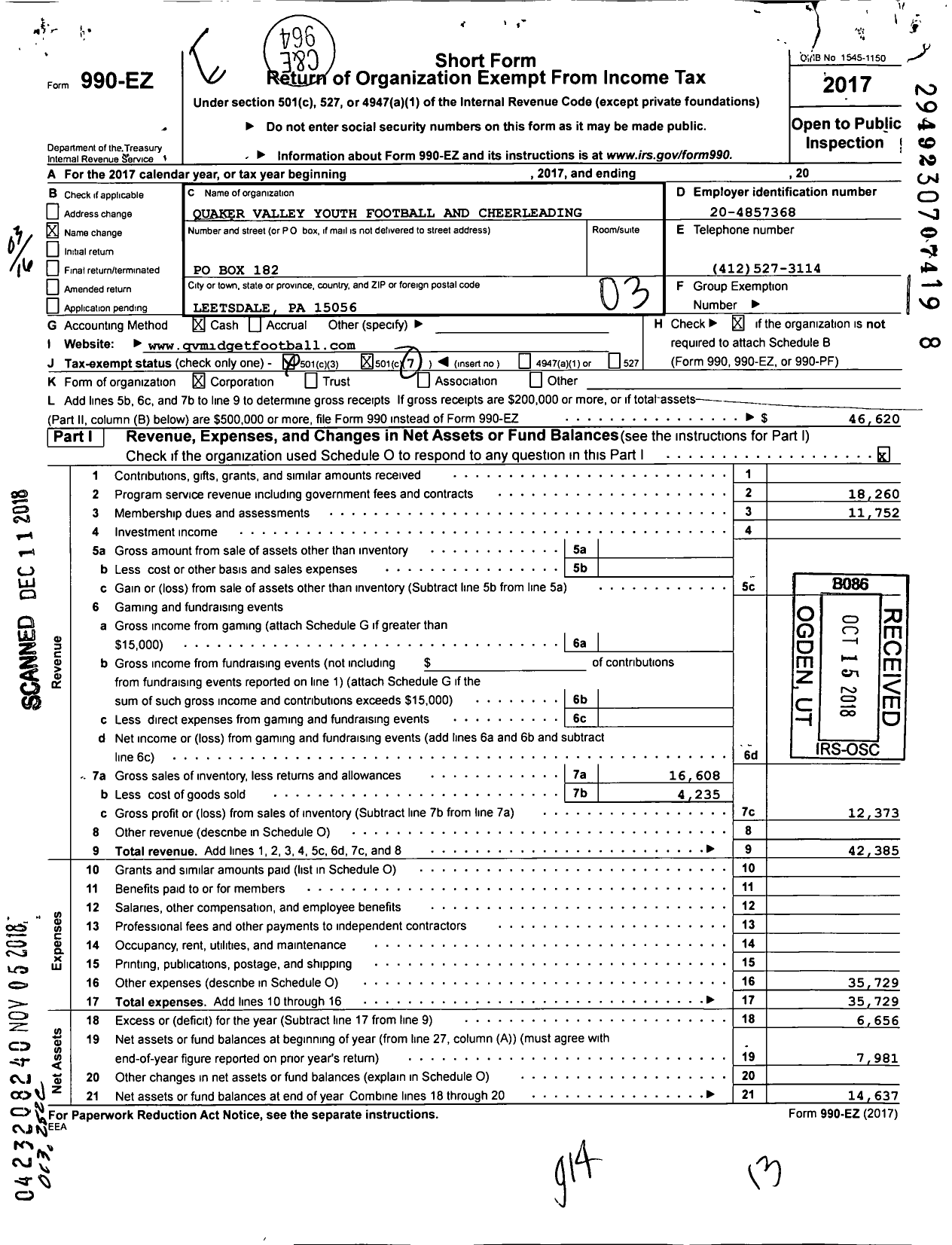 Image of first page of 2017 Form 990EZ for Quaker Valley Youth Football and Cheerleading