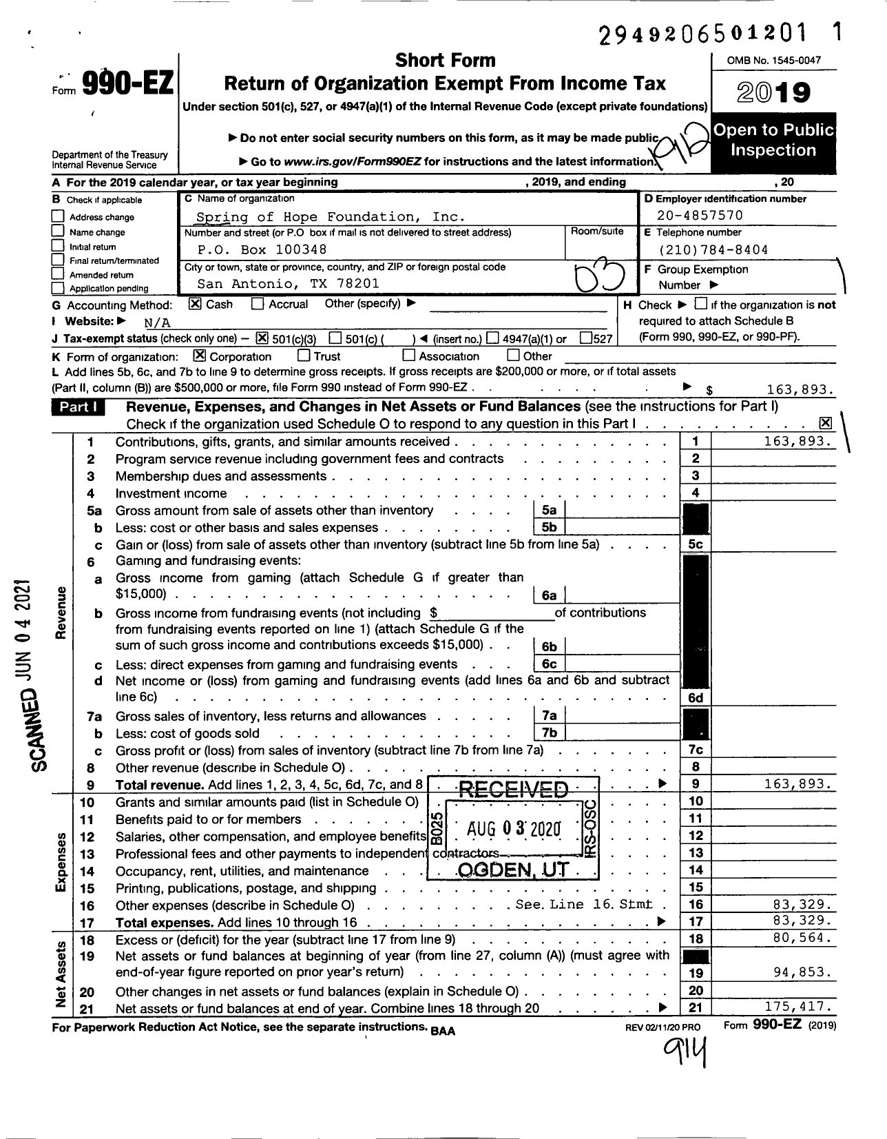 Image of first page of 2019 Form 990EZ for Spring of Hope Foundation