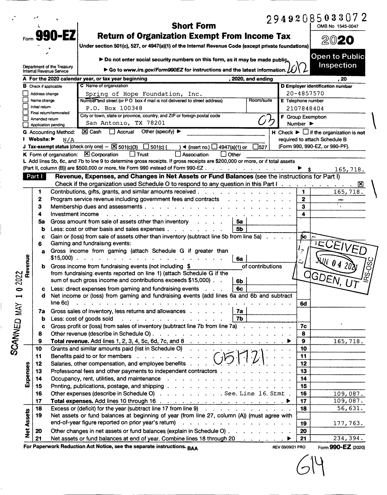 Image of first page of 2020 Form 990EZ for Spring of Hope Foundation