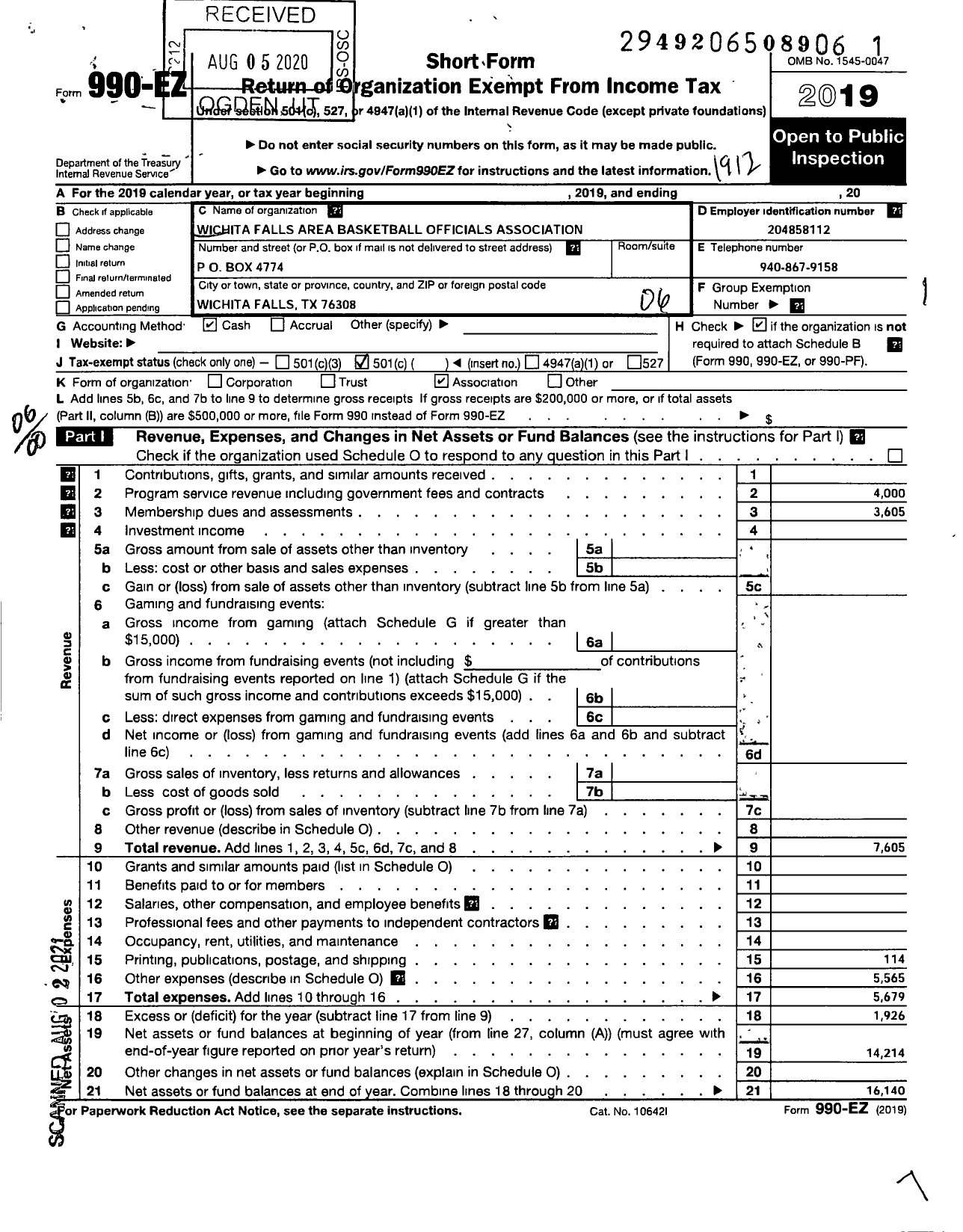 Image of first page of 2019 Form 990EO for Wichita Falls Area Basketball Officials Association