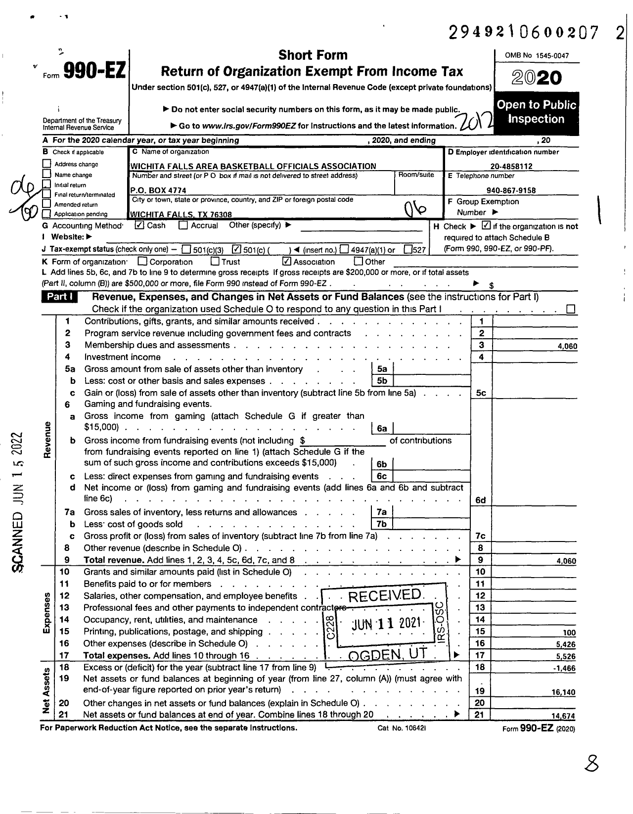 Image of first page of 2020 Form 990EO for Wichita Falls Area Basketball Officials Association