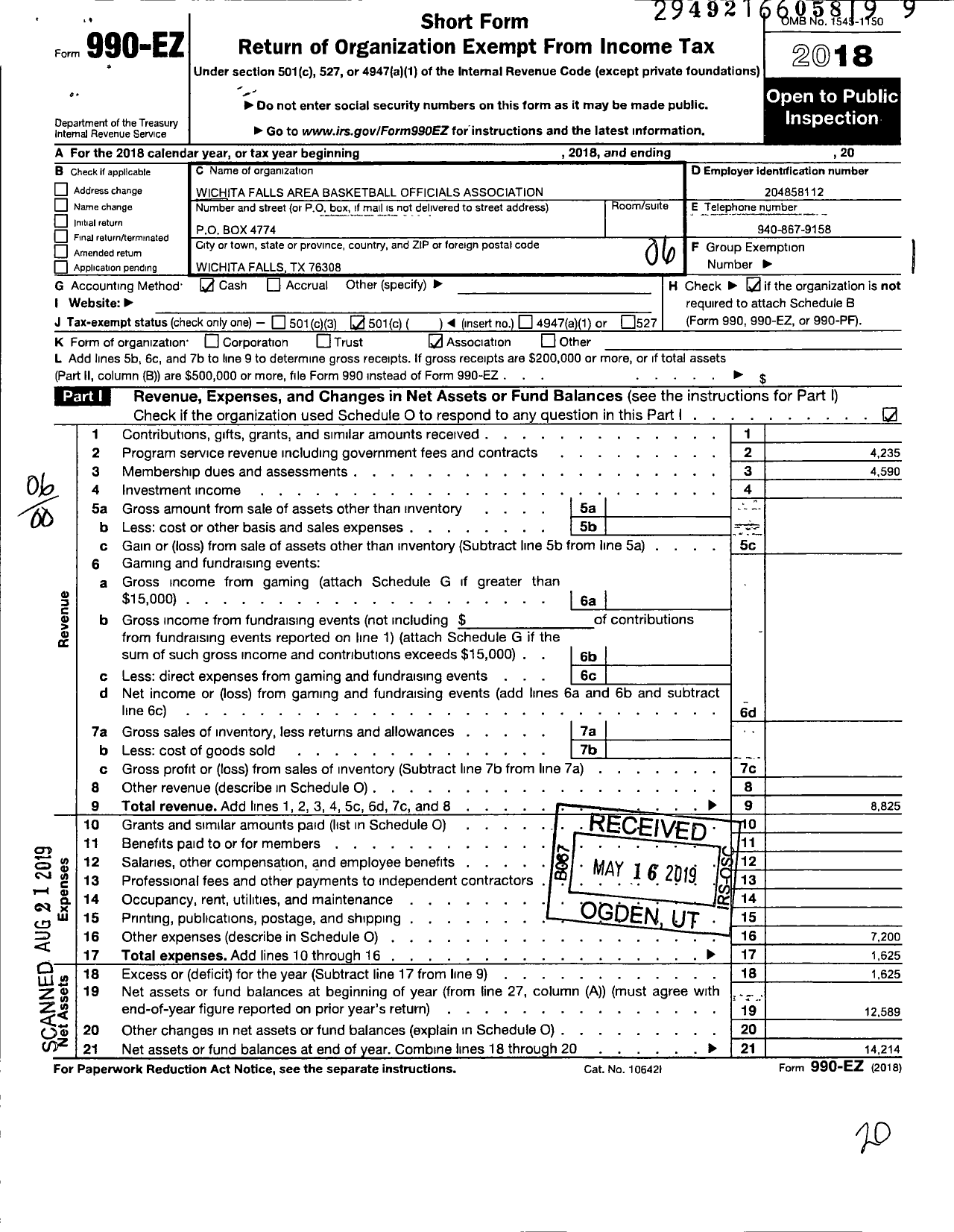 Image of first page of 2018 Form 990EO for Wichita Falls Area Basketball Officials Association