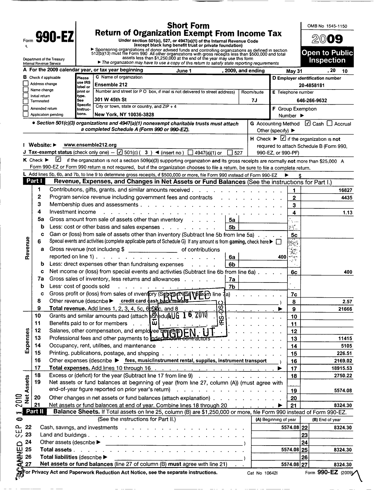 Image of first page of 2009 Form 990EZ for Ensemble 212
