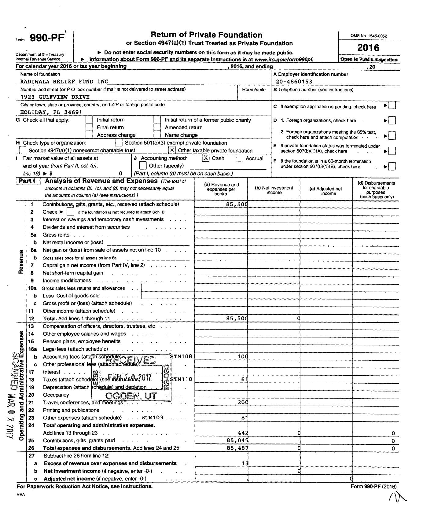 Image of first page of 2016 Form 990PF for Kadiwala Relief Fund