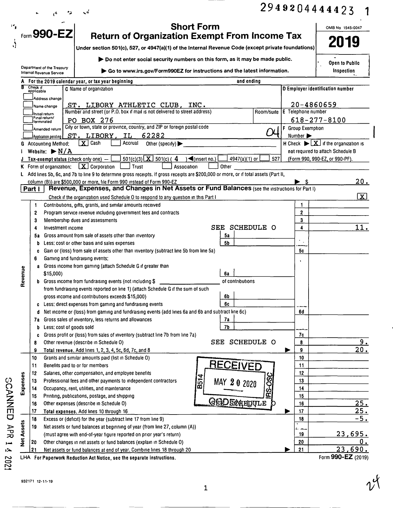 Image of first page of 2019 Form 990EO for St Libory Athletic Club