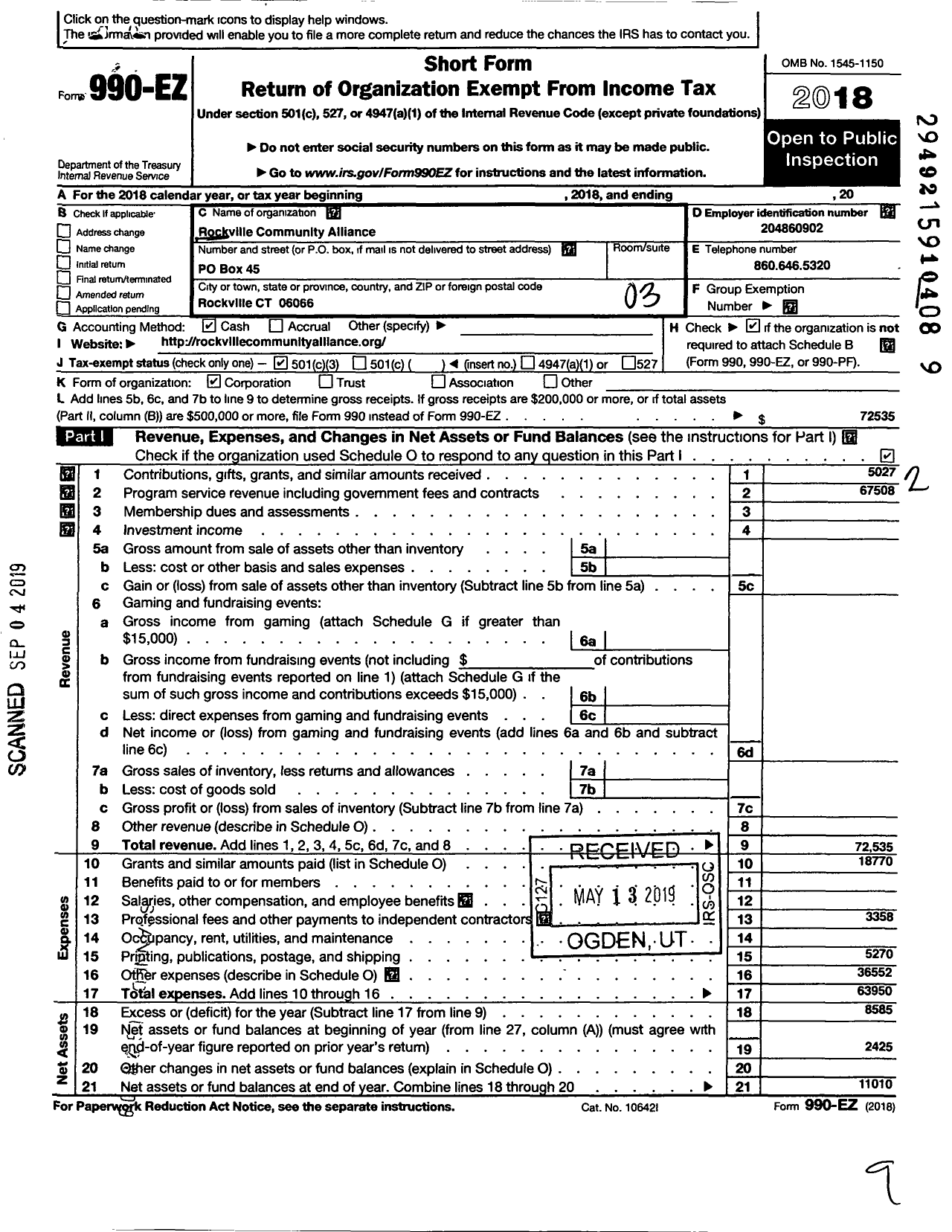 Image of first page of 2018 Form 990EZ for Rockville Community Alliance