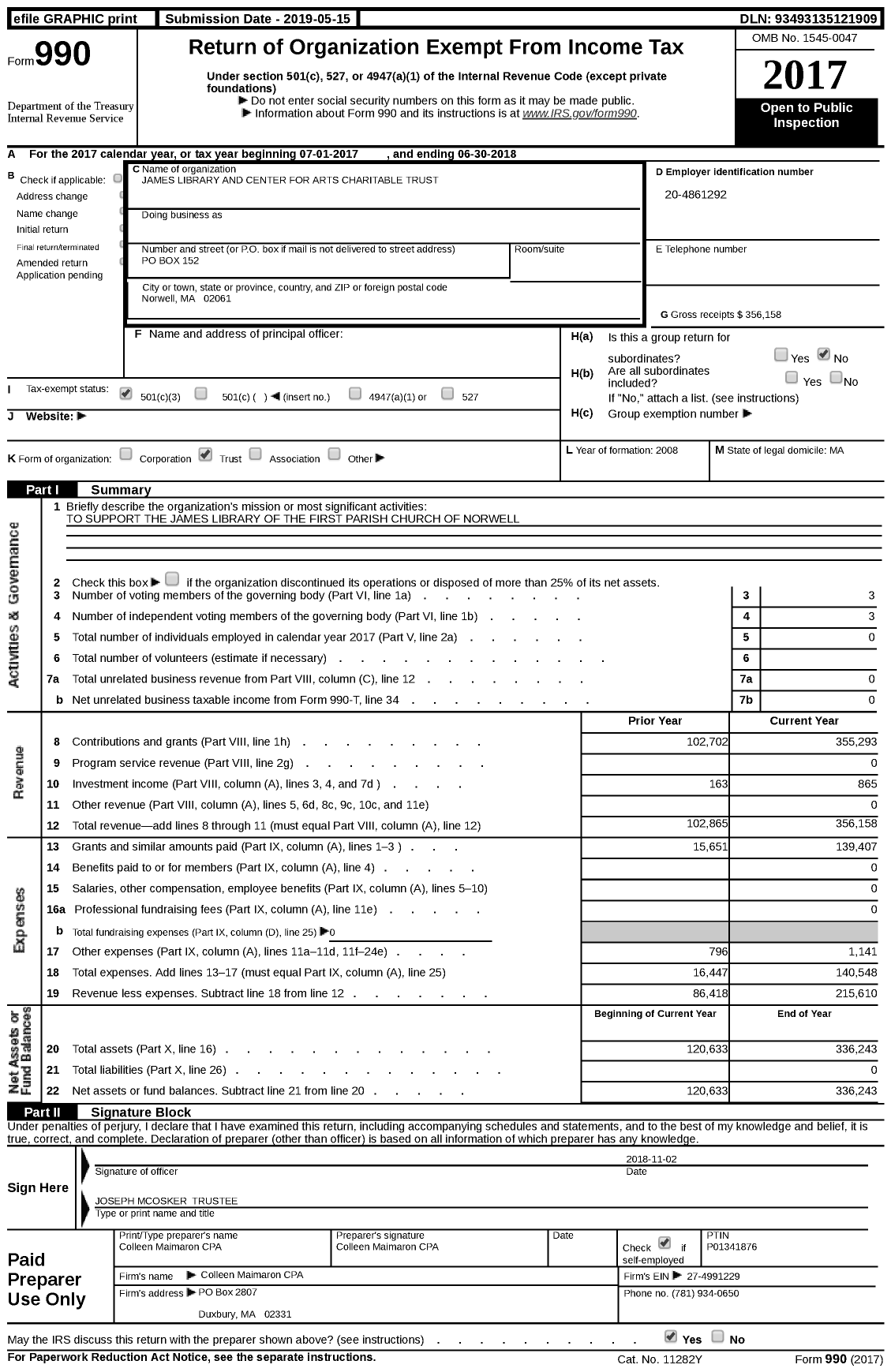 Image of first page of 2017 Form 990 for James Library and Center for Arts Charitable Trust