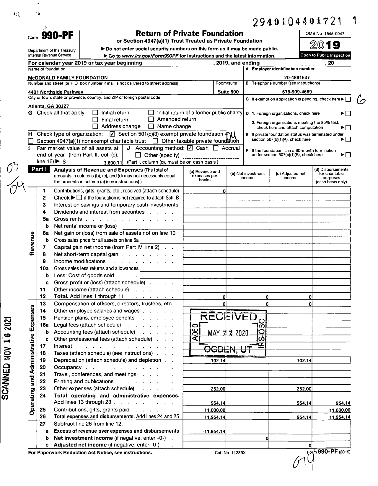 Image of first page of 2019 Form 990PF for Mcdonald Family Foundation