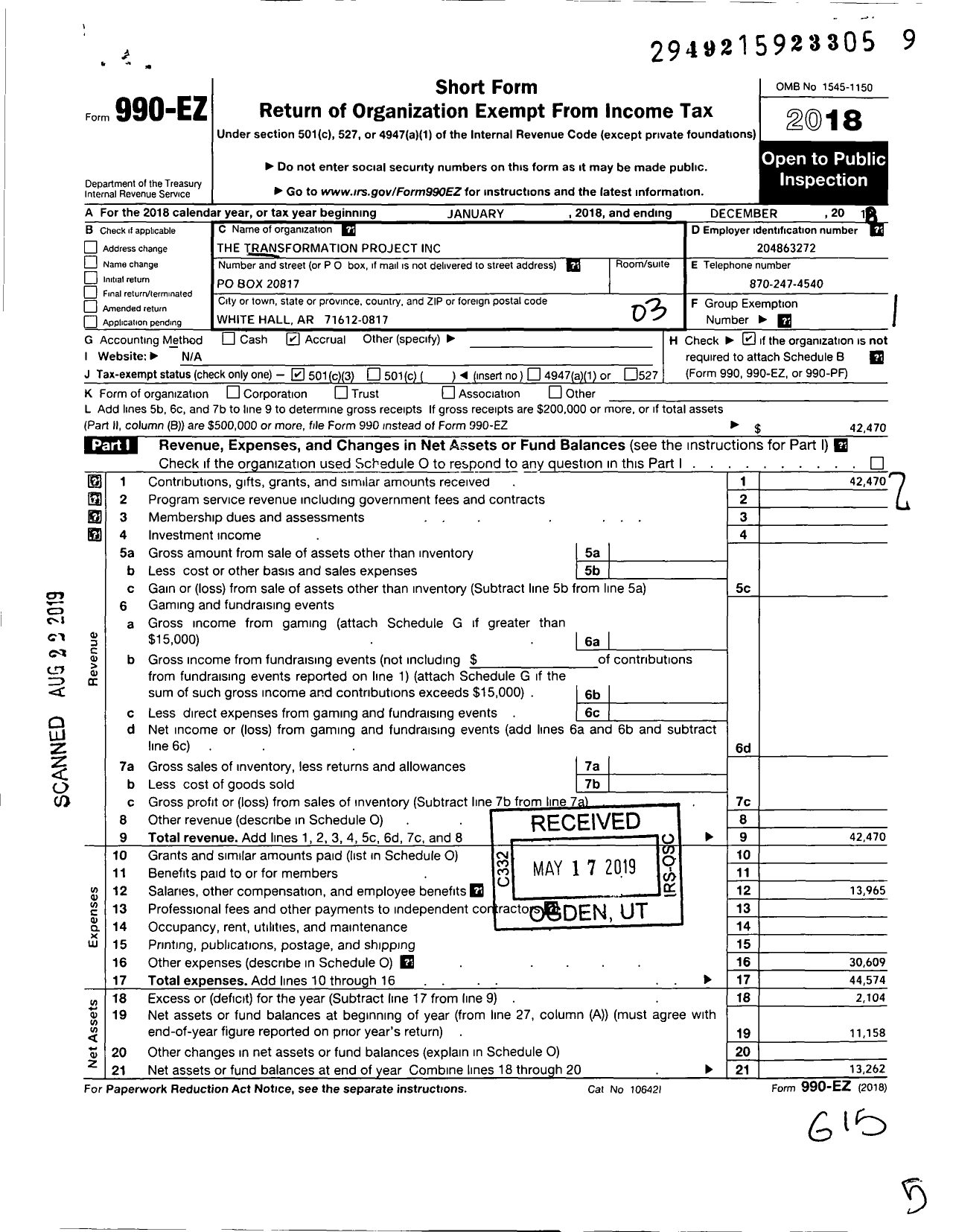 Image of first page of 2018 Form 990EZ for The Transformation Project Incorporated