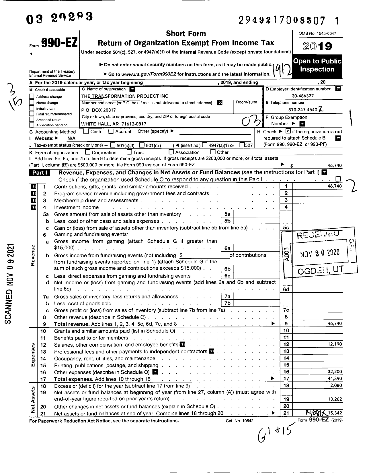 Image of first page of 2019 Form 990EZ for The Transformation Project Incorporated