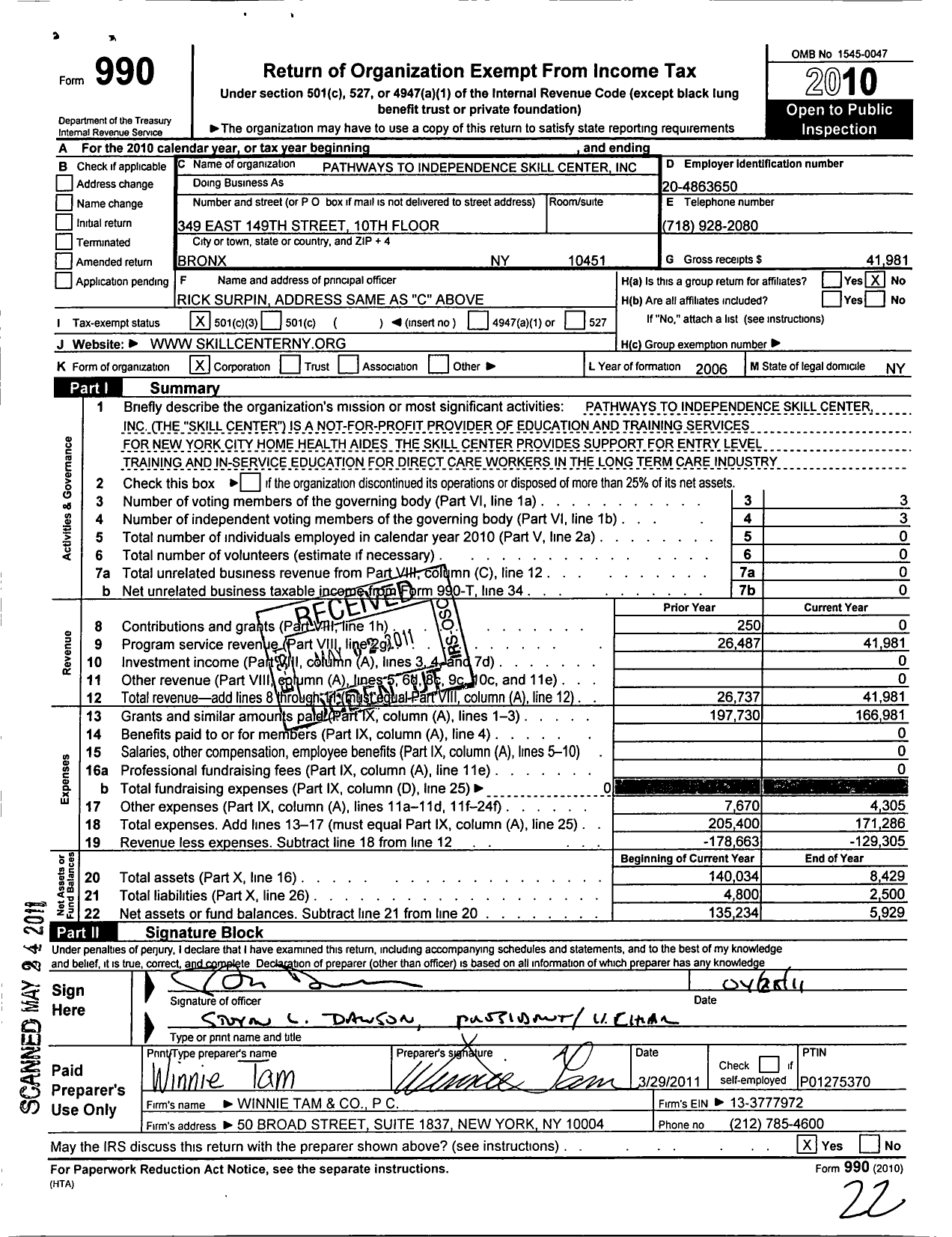 Image of first page of 2010 Form 990 for Pathways To Independence Skill Center