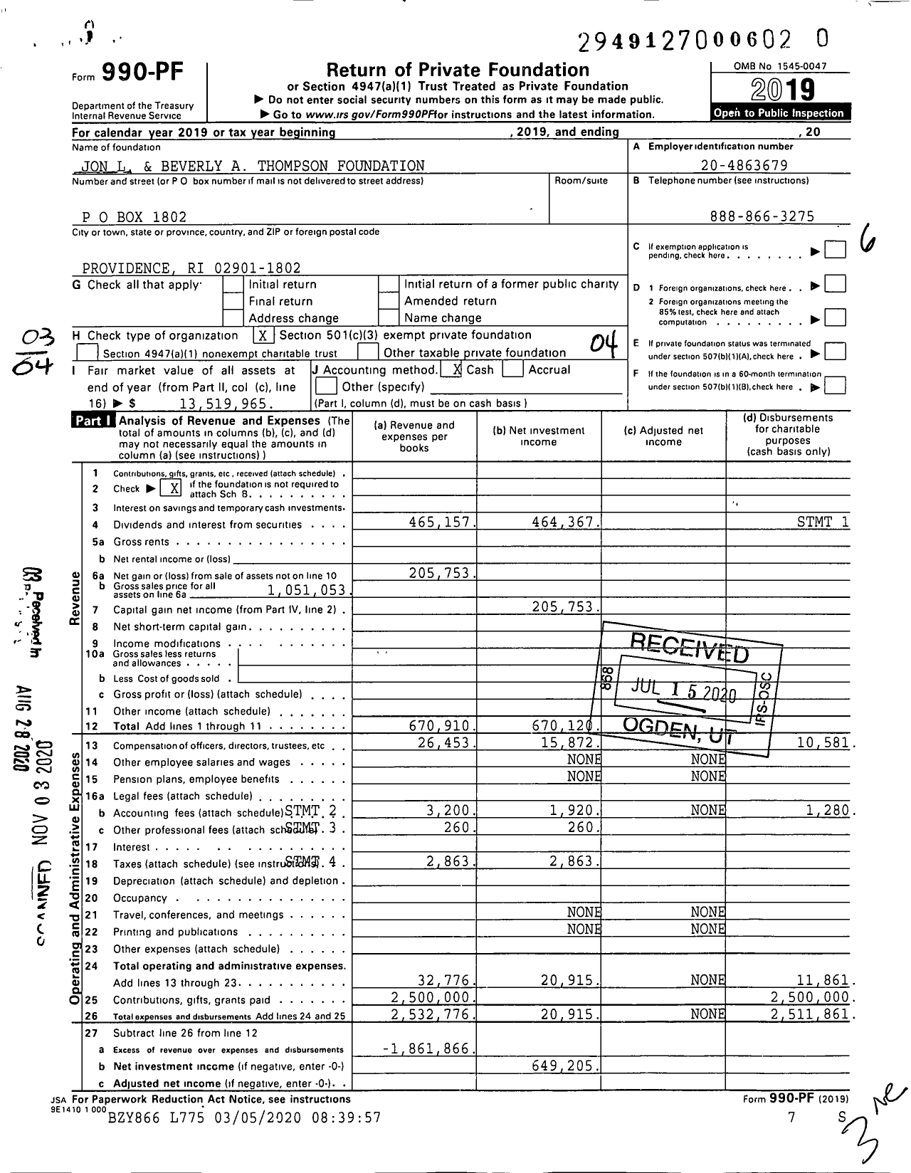 Image of first page of 2019 Form 990PF for Jon L and Beverly A Thompson Foundation