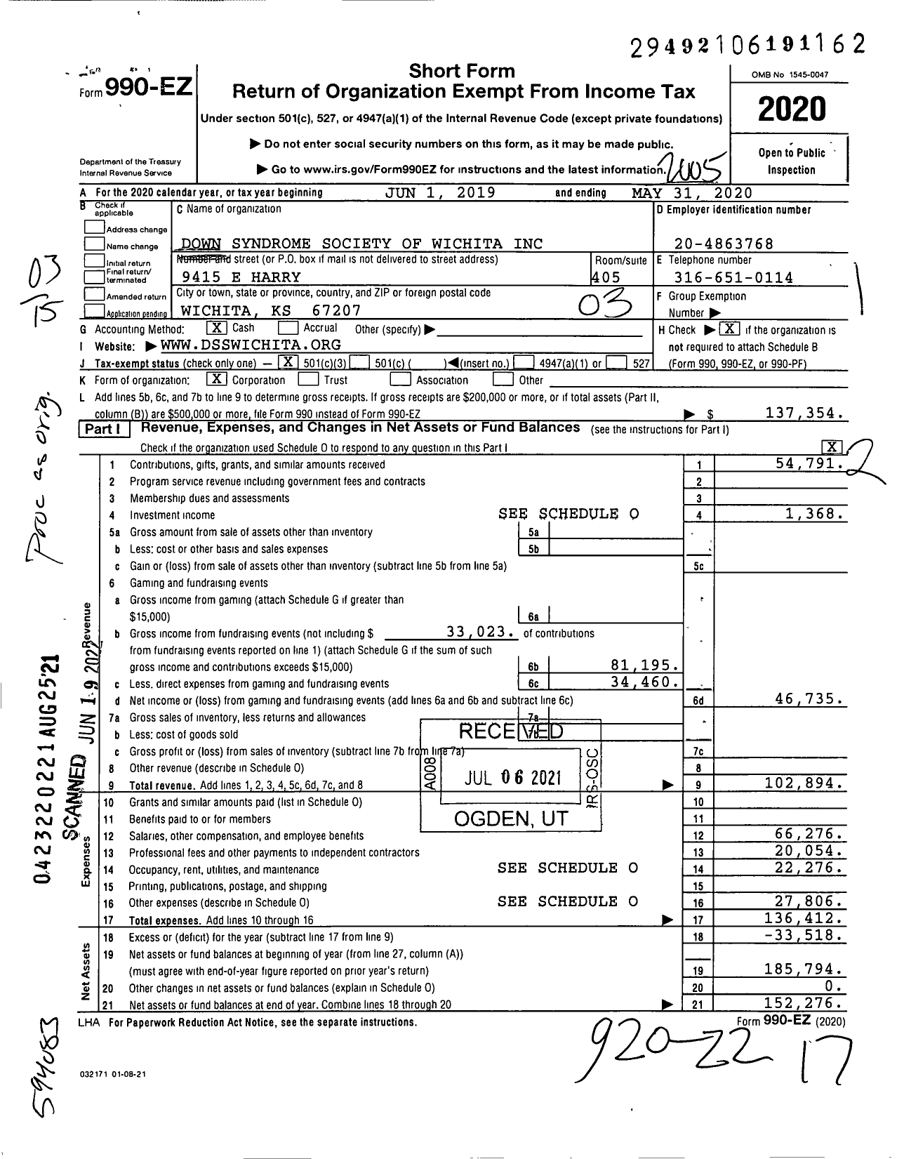 Image of first page of 2019 Form 990EZ for Down Syndrome Society of Wichita