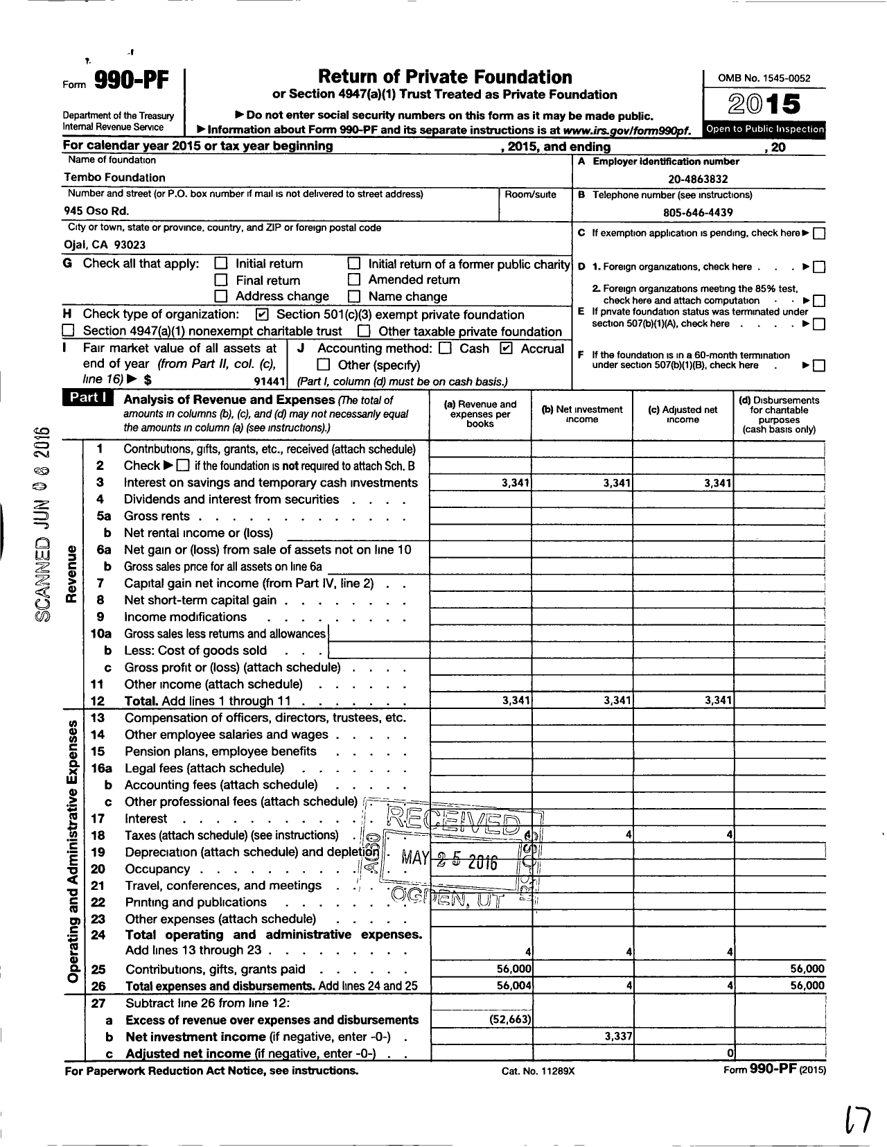 Image of first page of 2015 Form 990PF for Tembo Foundation