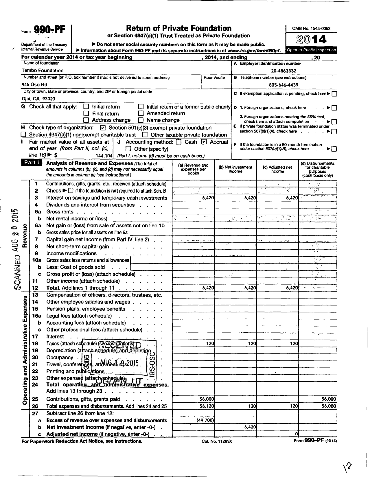 Image of first page of 2014 Form 990PF for Tembo Foundation