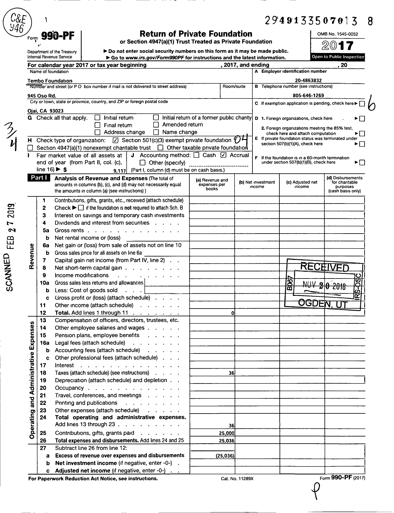 Image of first page of 2017 Form 990PF for Tembo Foundation