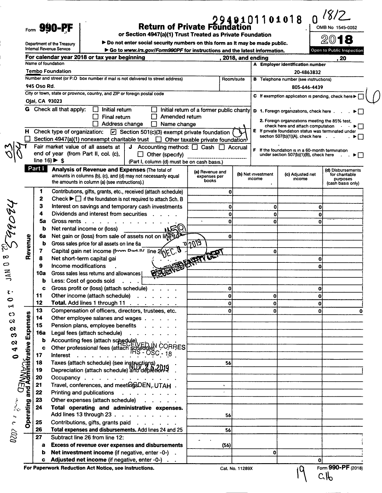 Image of first page of 2018 Form 990PR for Tembo Foundation