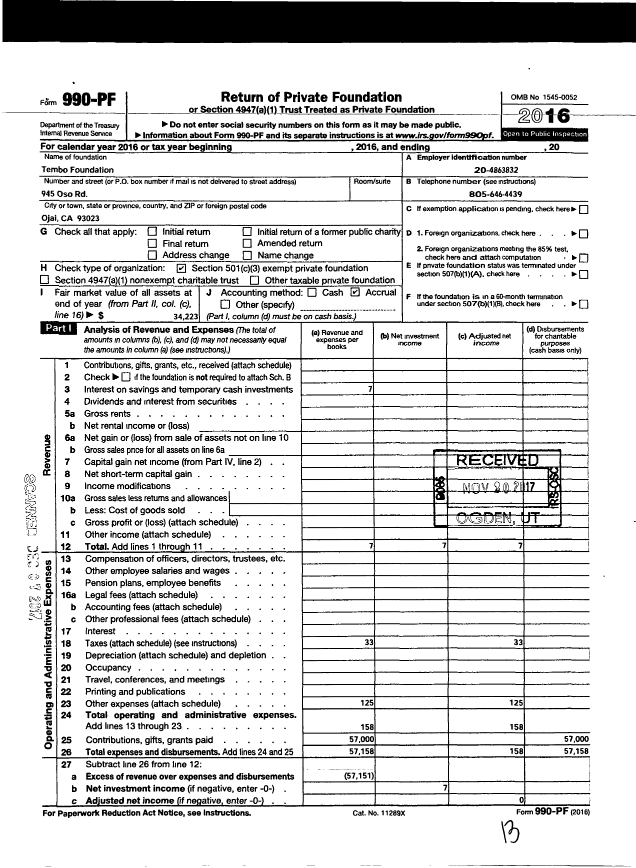 Image of first page of 2016 Form 990PF for Tembo Foundation