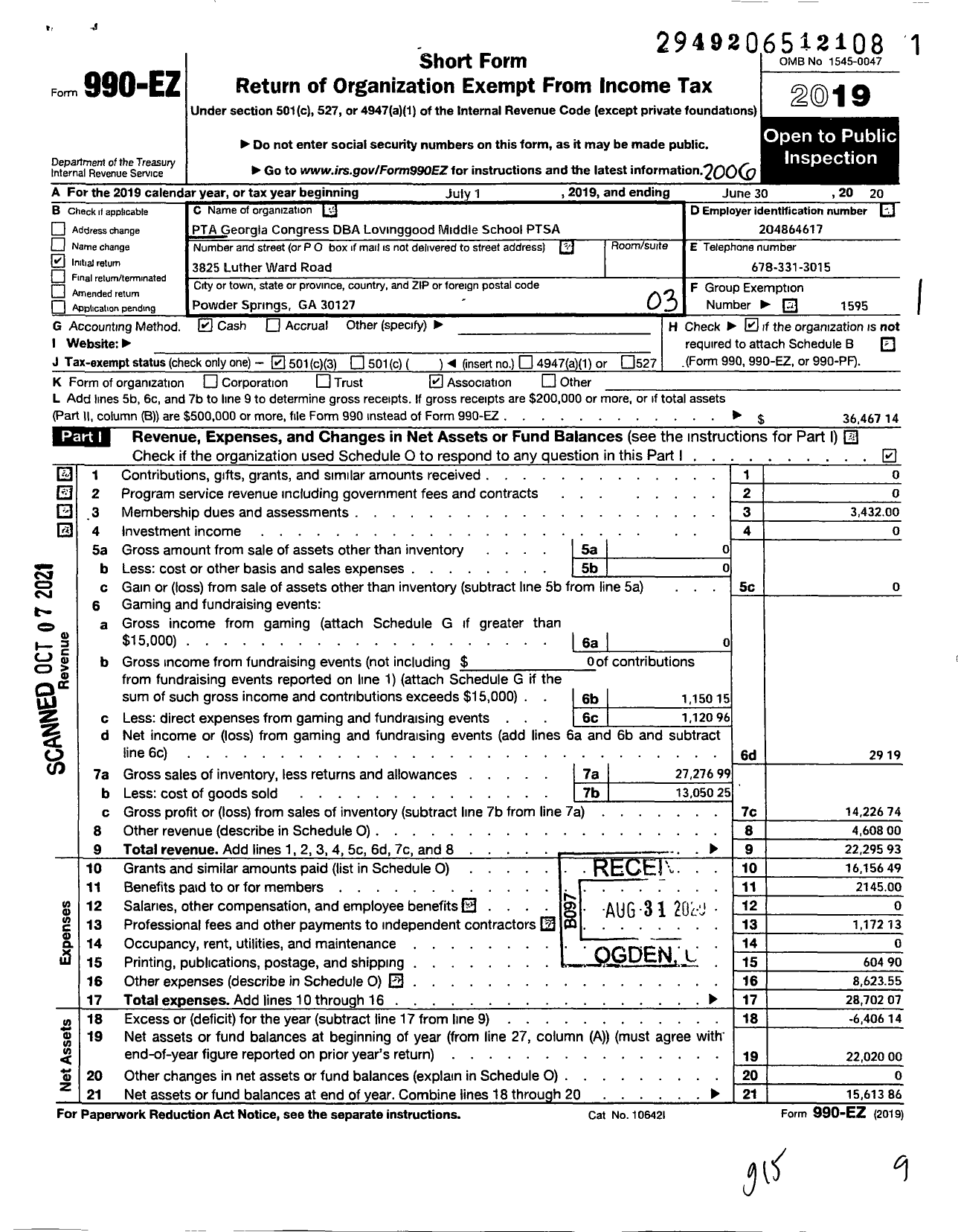 Image of first page of 2019 Form 990EZ for Georgia PTA - Lovingood Middle Schoolptsa