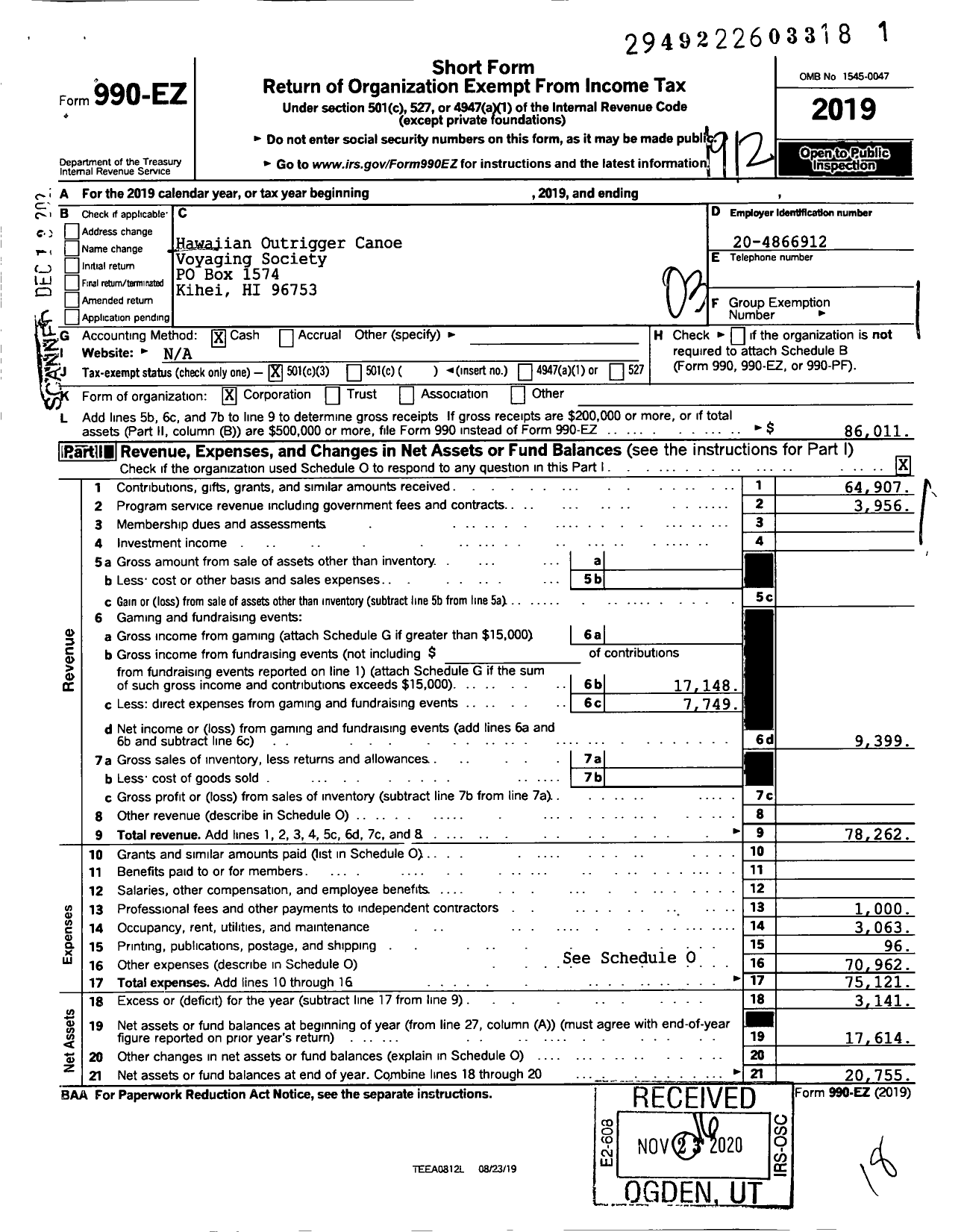 Image of first page of 2019 Form 990EZ for Ho'Oulu Ka 'ike