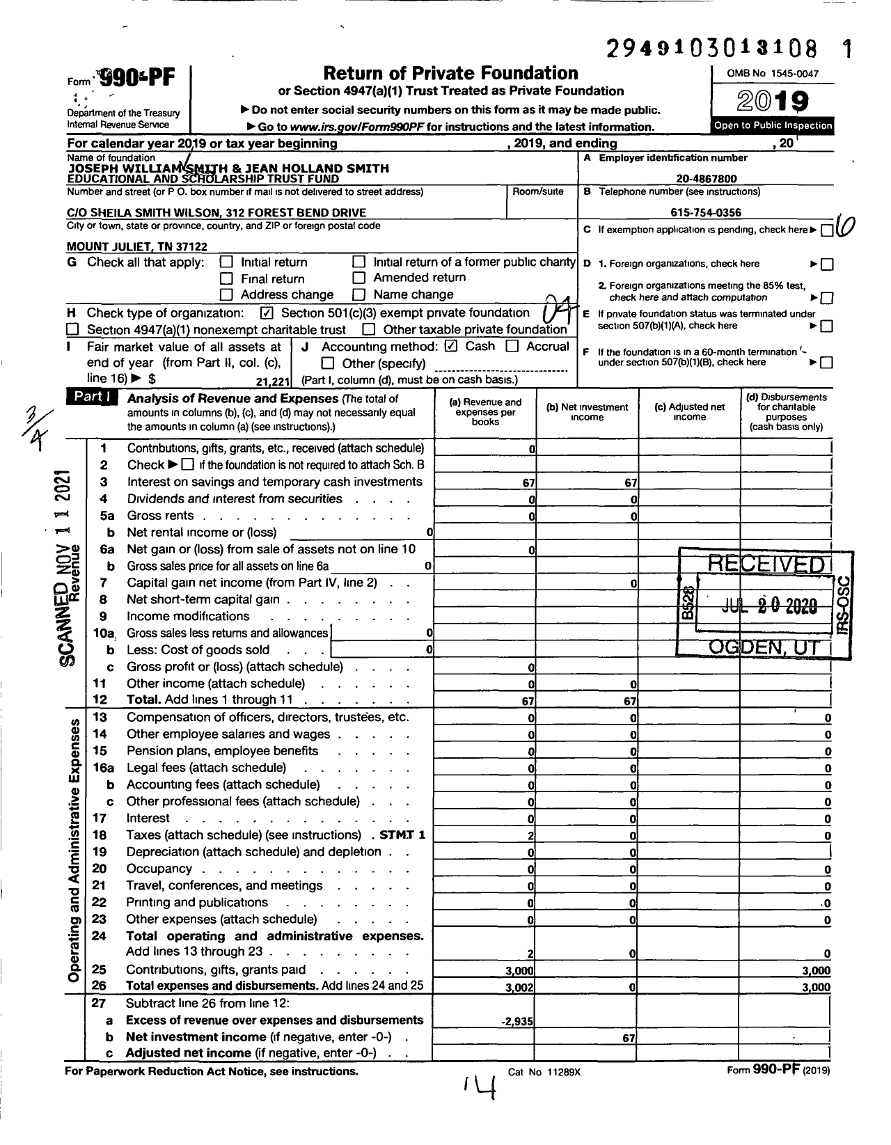 Image of first page of 2019 Form 990PF for Joseph W Smith and Jean H Smith Educational and Scholarship Trust Fund