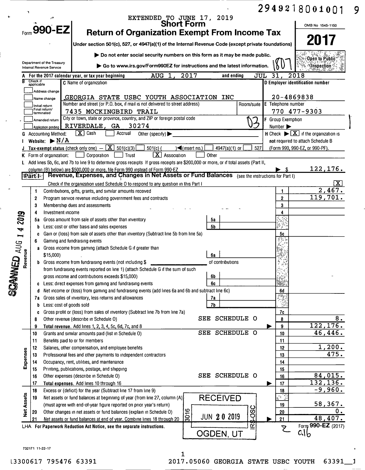 Image of first page of 2017 Form 990EZ for United States Bowling Congress - 85912 Georgia State Usbc Youth