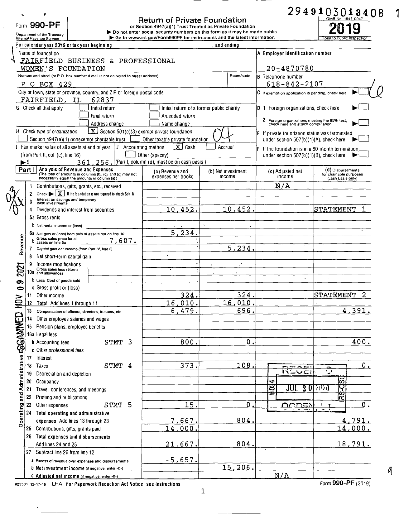 Image of first page of 2019 Form 990PF for Fairfield Business and Professional Women's Foundation