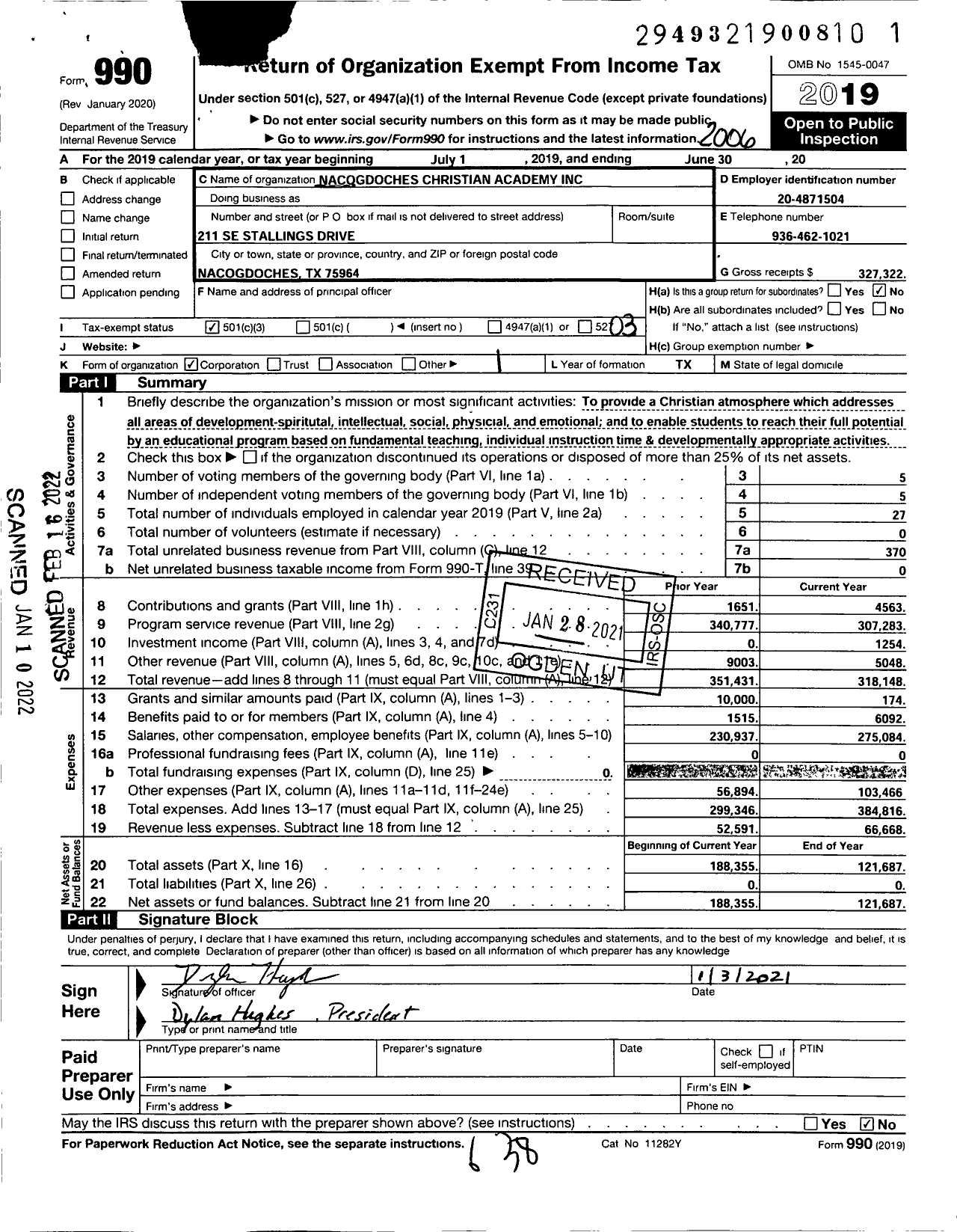 Image of first page of 2019 Form 990 for Nacogdoches Christian Academy Incorporated