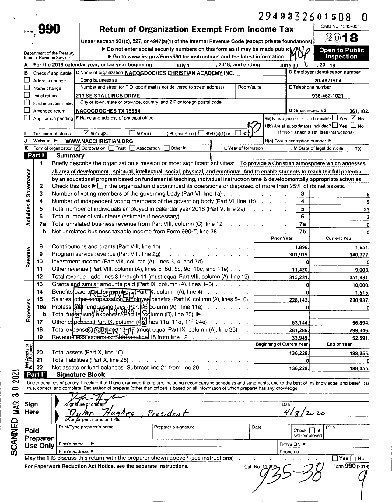 Image of first page of 2018 Form 990 for Nacogdoches Christian Academy Incorporated