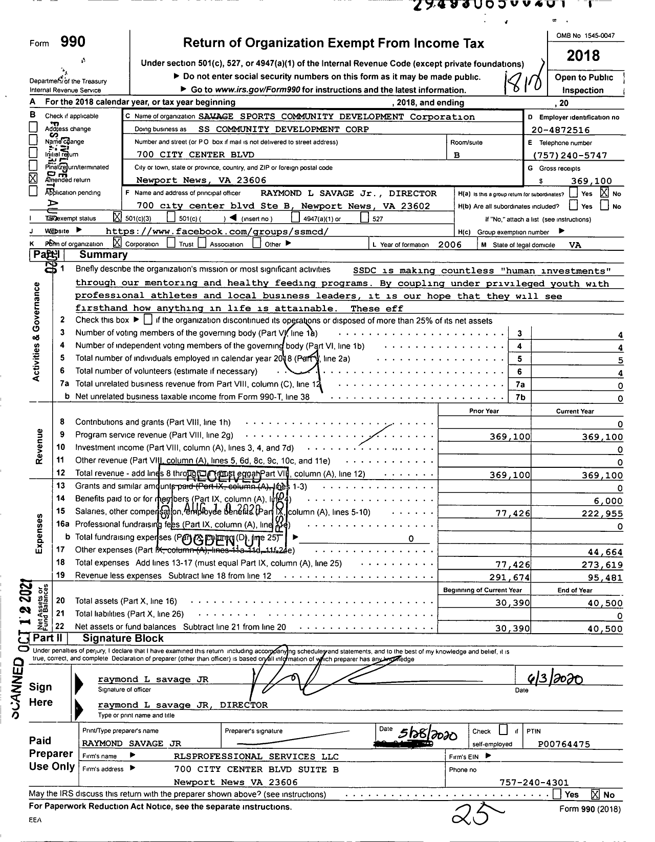 Image of first page of 2018 Form 990 for SAVAGE SPORTS COMMUNITY DEVELOPMENT Corporation