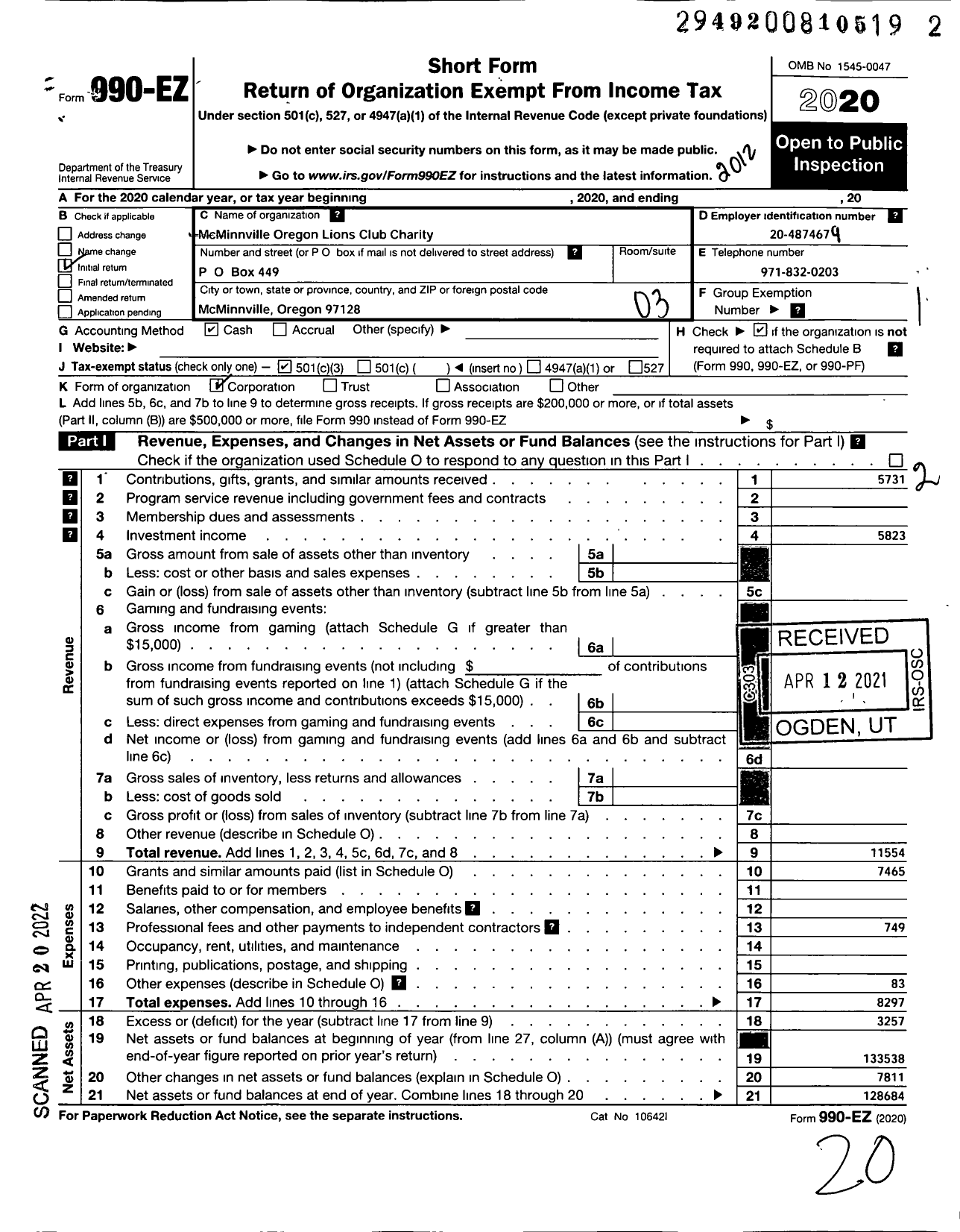 Image of first page of 2020 Form 990EZ for Mcminnville Oregon Lions Club Charity