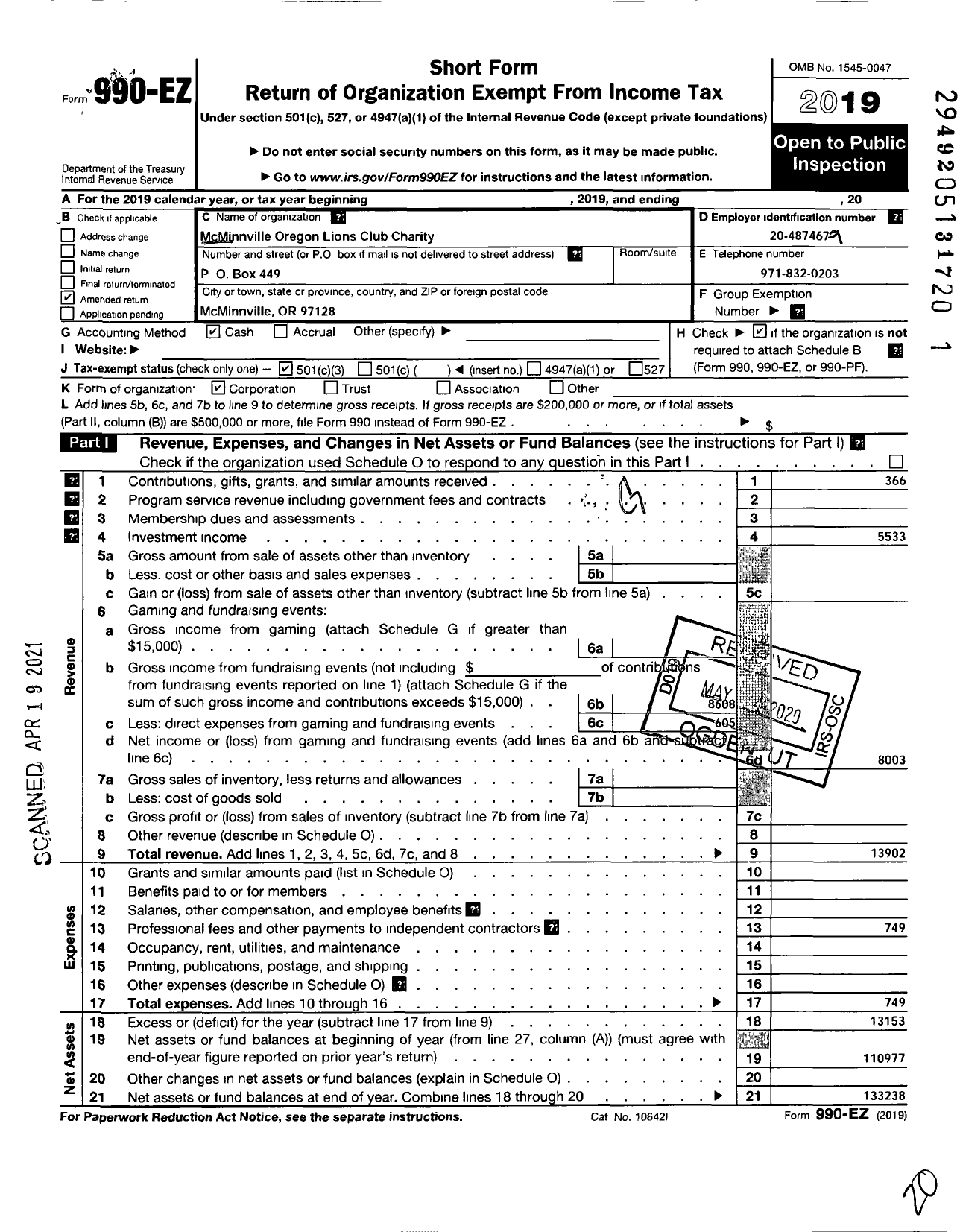 Image of first page of 2019 Form 990EZ for Mcminnville Oregon Lions Club Charity