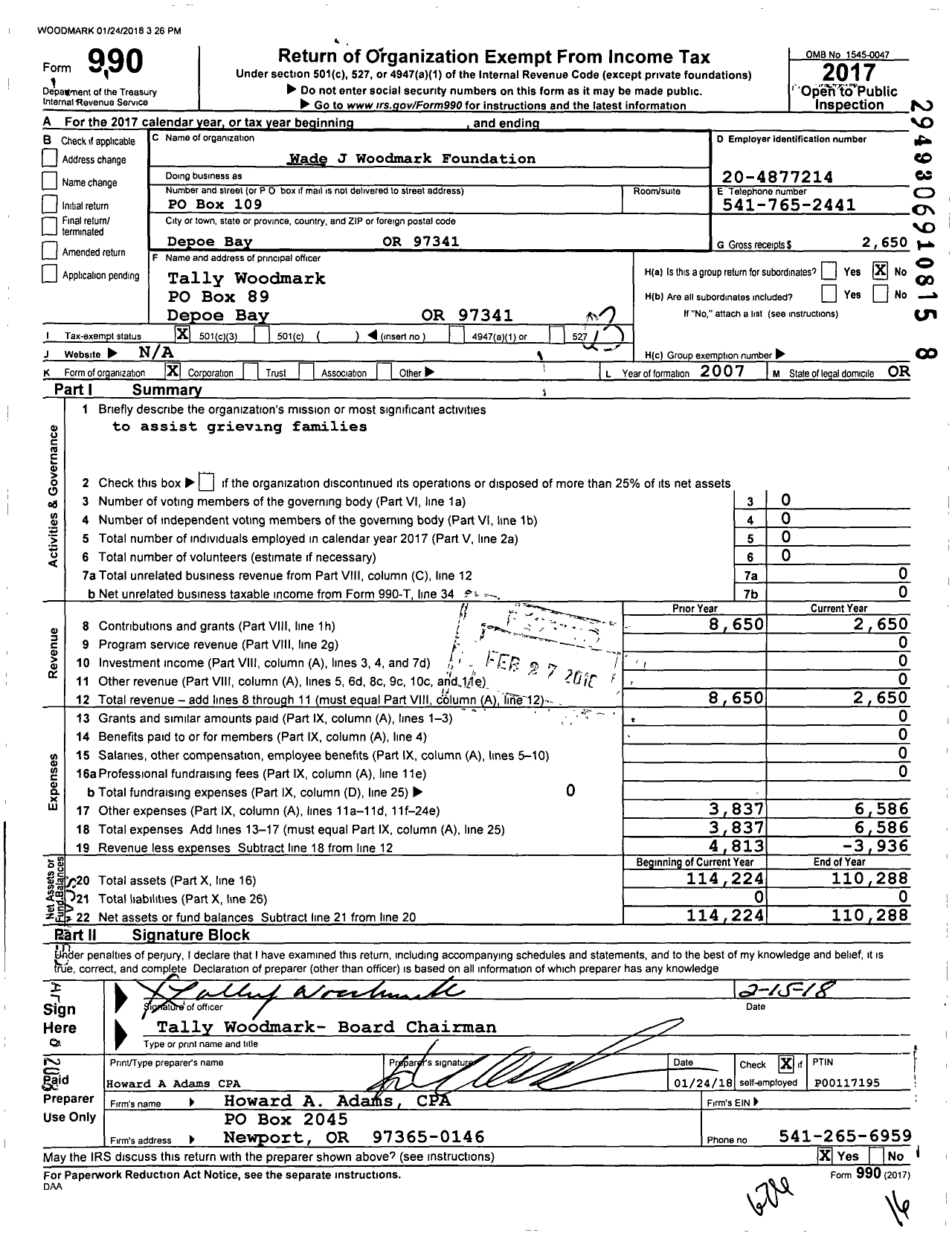 Image of first page of 2017 Form 990 for Wade J Woodmark Foundation