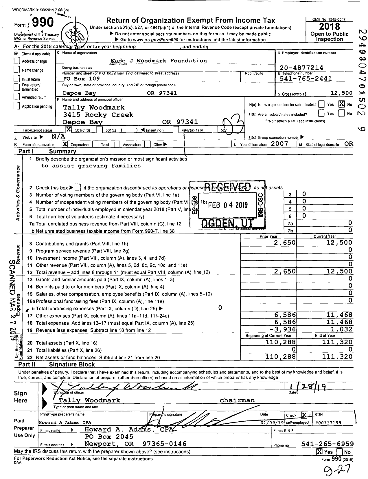 Image of first page of 2018 Form 990 for Wade J Woodmark Foundation