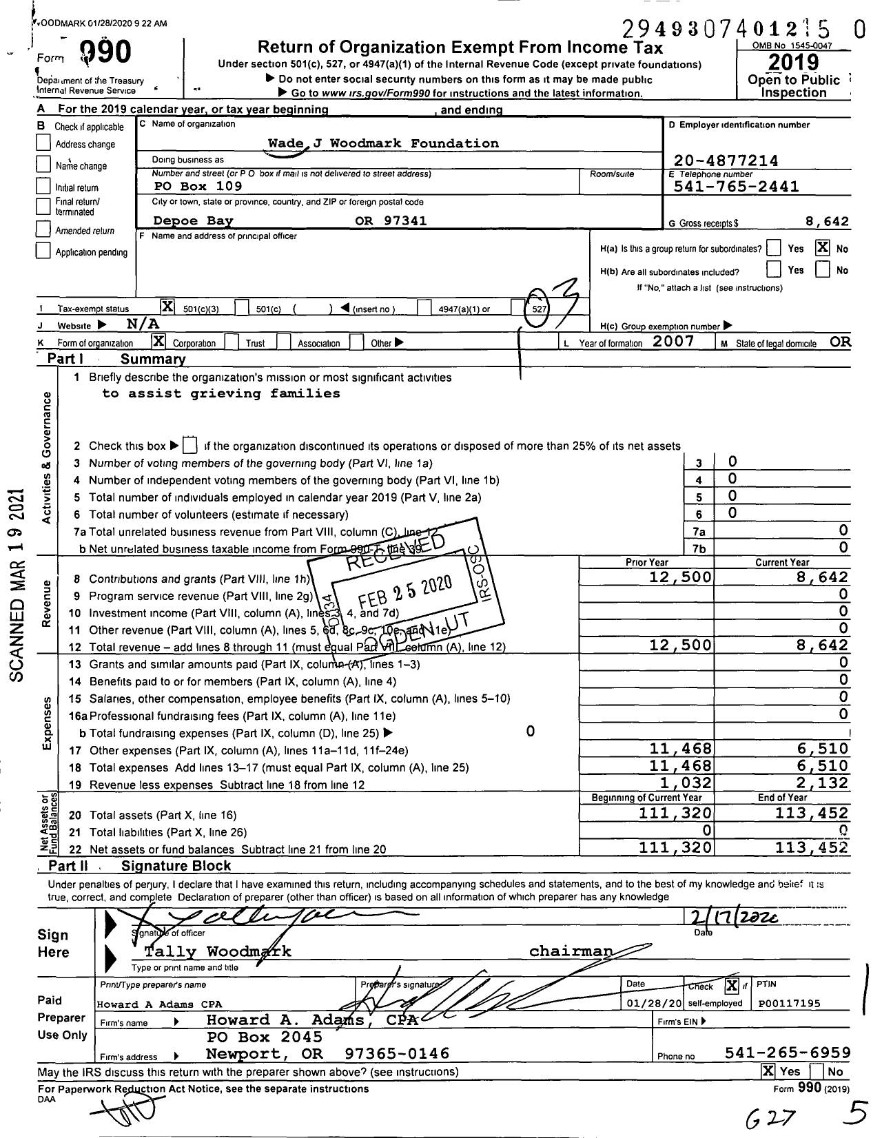 Image of first page of 2019 Form 990 for Wade J Woodmark Foundation