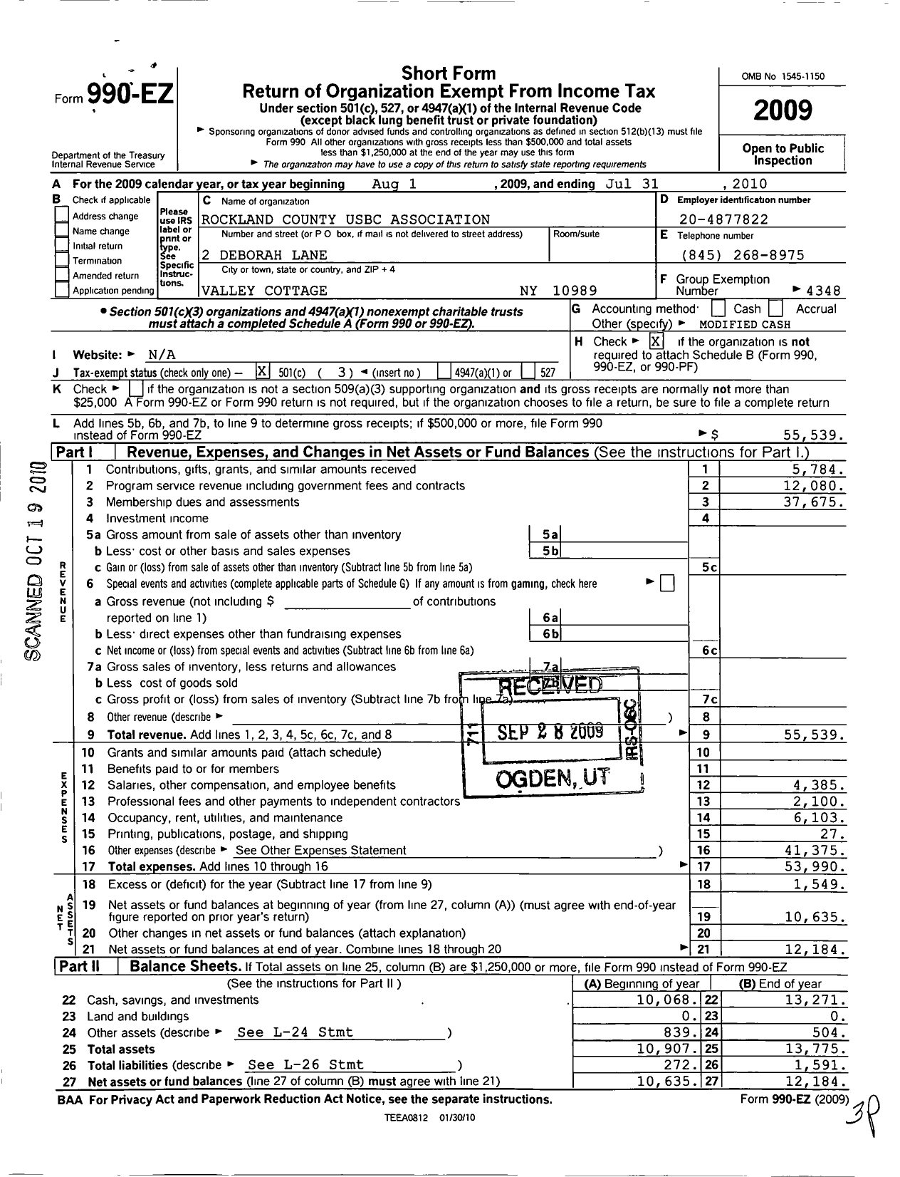 Image of first page of 2009 Form 990EZ for United States Bowling Congress - 80932 Rockland County Usbc